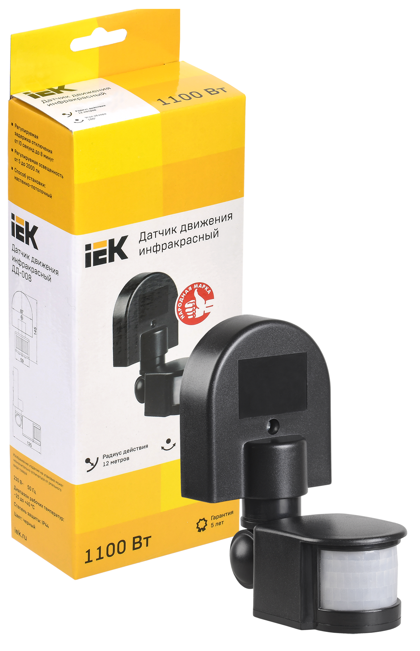Датчик движения ДД-008 1100Вт 180град 12м IP44 черный IEK