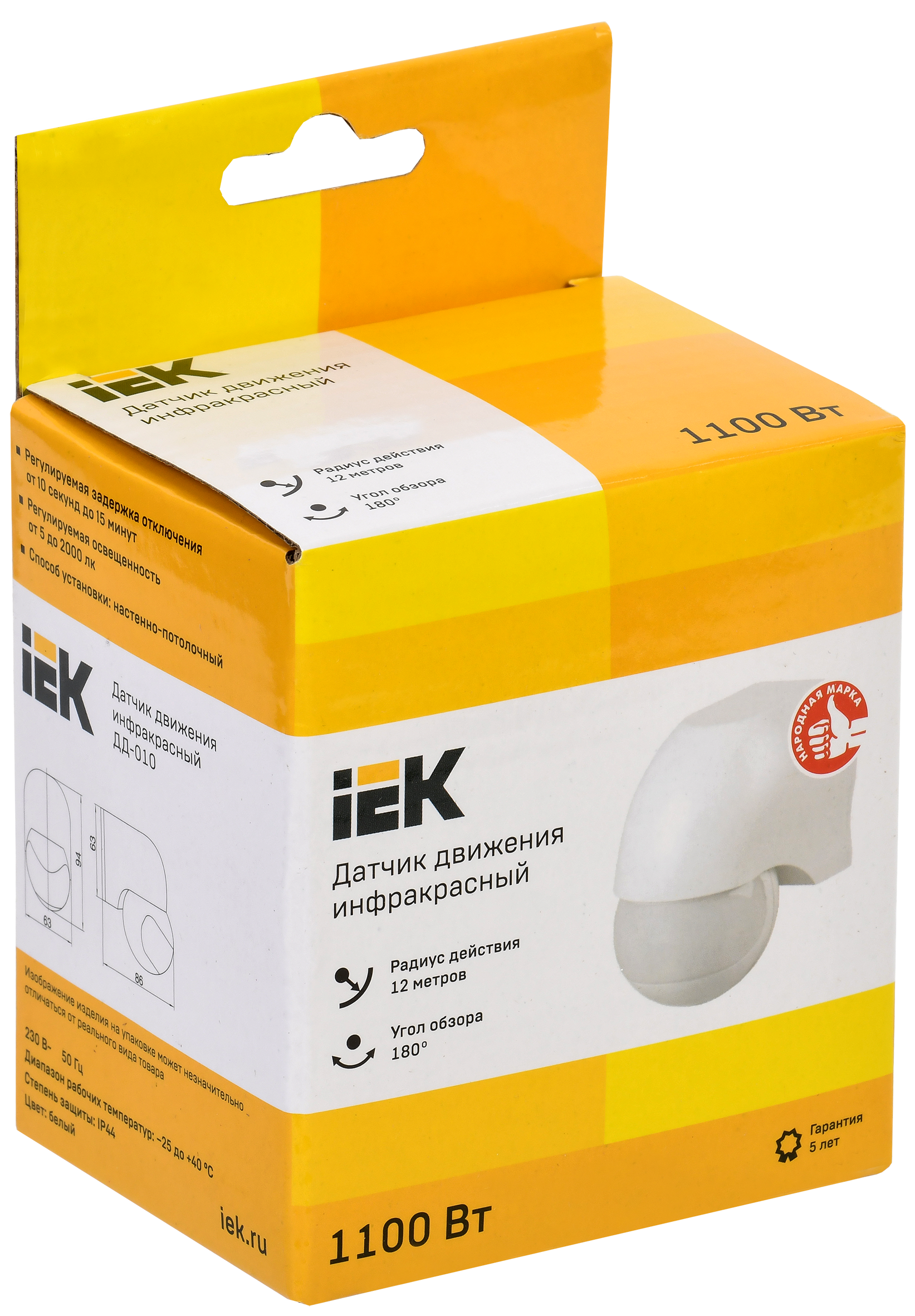 Датчик движения ДД-010 1100Вт 180град 10м IP44 белый IEK