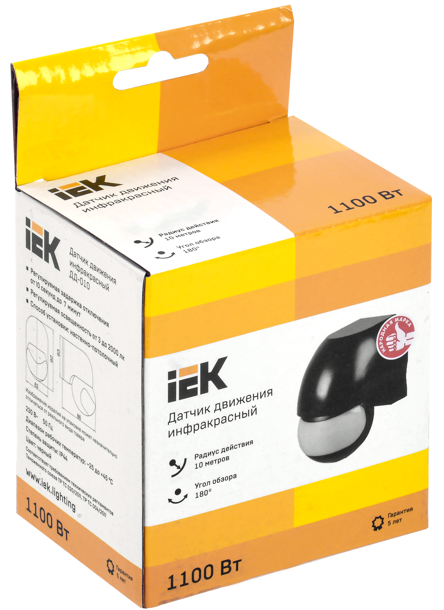 Датчик движения ДД-010 1100Вт 180град 10м IP44 черный IEK