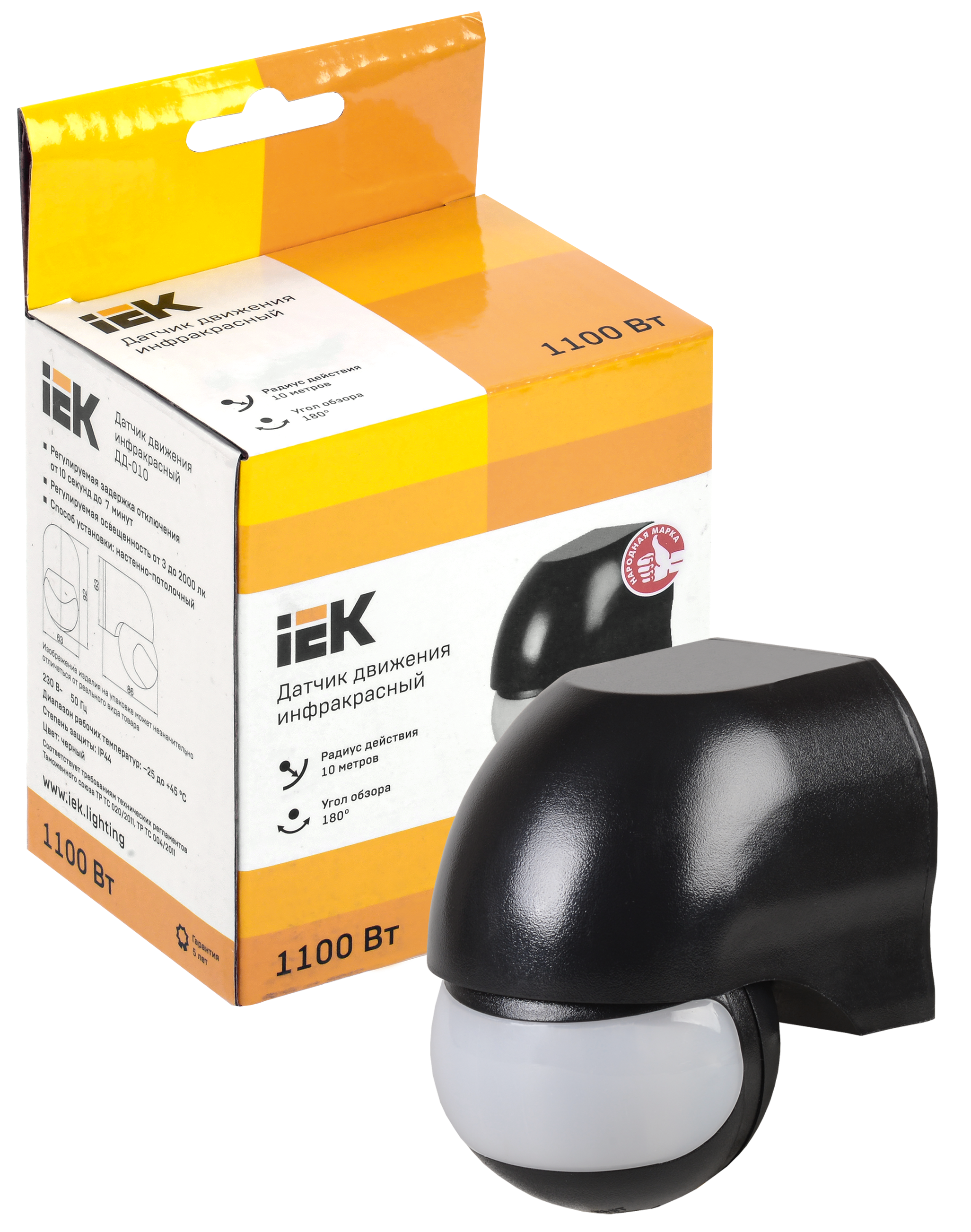 Датчик движения ДД-010 1100Вт 180град 10м IP44 черный IEK