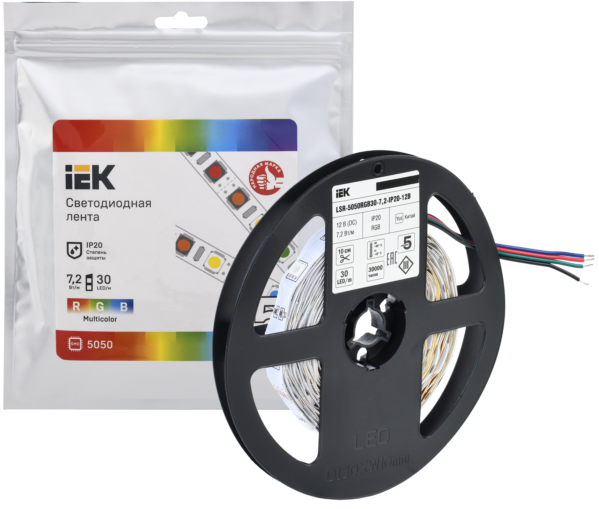 Лента светодиодная 5м LSR-5050RGB30-7,2-IP20-12В IEK
