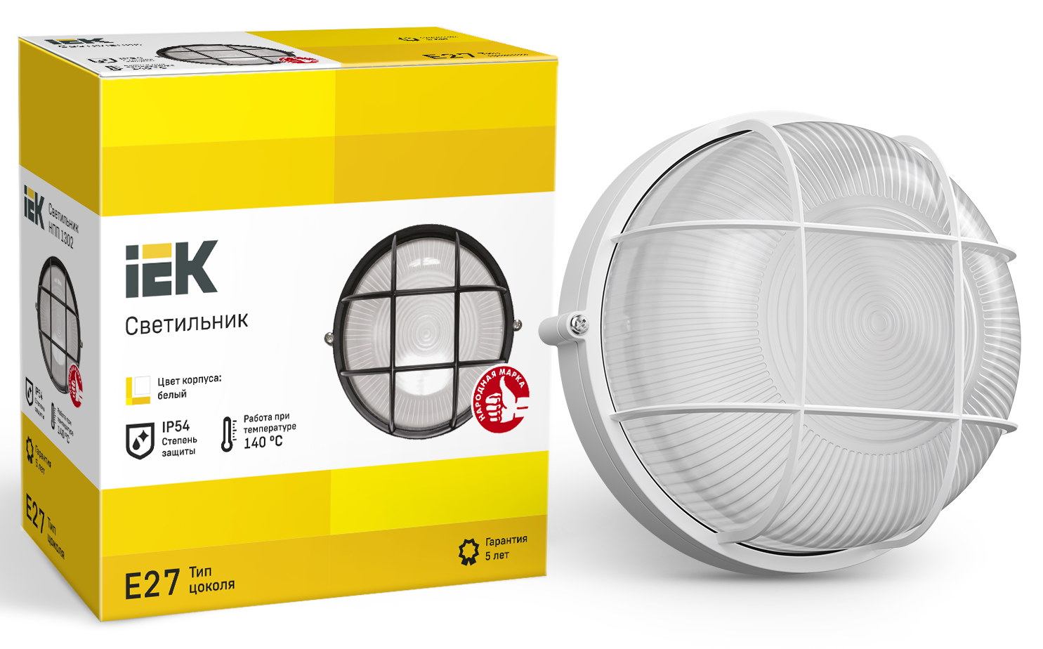 Светильник НПП1302 круг с решеткой 60Вт IP54 белый IEK