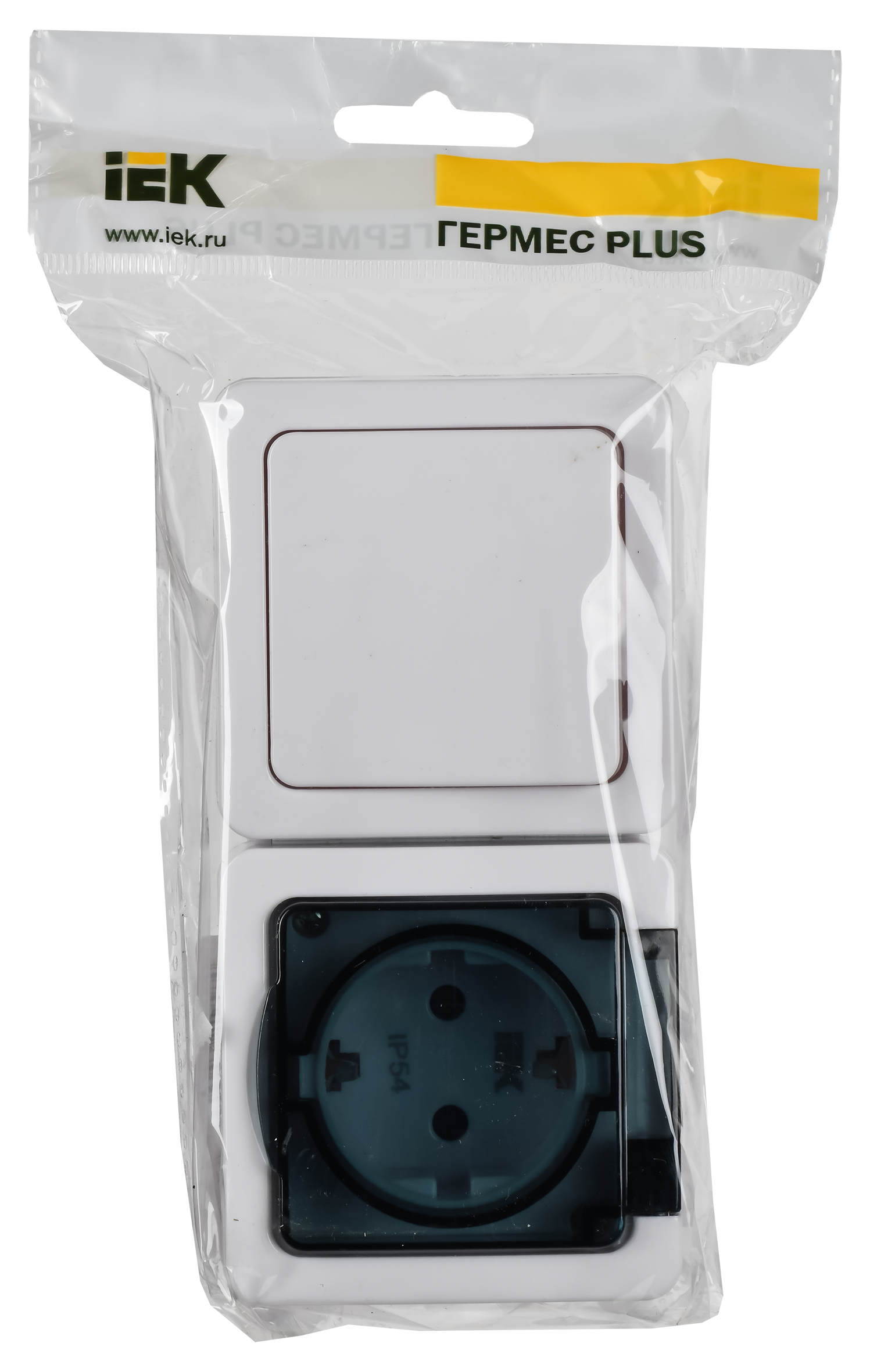 Блок горизонтальный для открытой установки БГб-22-31-ГПБд (Выключатель 1-клавишный + розетка 1-местная с заземляющим контактом) IP54 ГЕРМЕС PLUS (белый/дымчатый) IEK