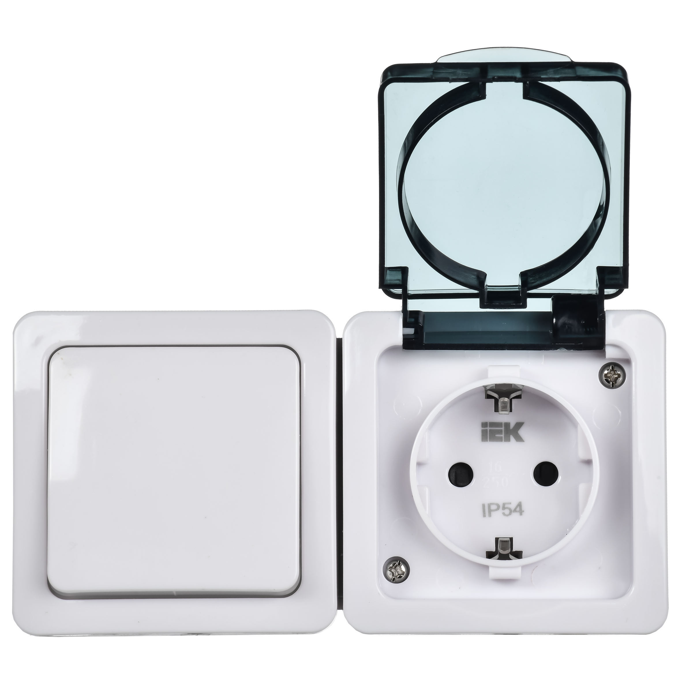 Блок горизонтальный для открытой установки БГб-22-31-ГПБд (Выключатель 1-клавишный + розетка 1-местная с заземляющим контактом) IP54 ГЕРМЕС PLUS (белый/дымчатый) IEK