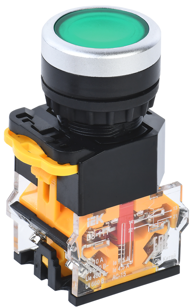 Кнопка управления D8-11T d=22мм 1NO+1NC с фиксацией зеленая IEK