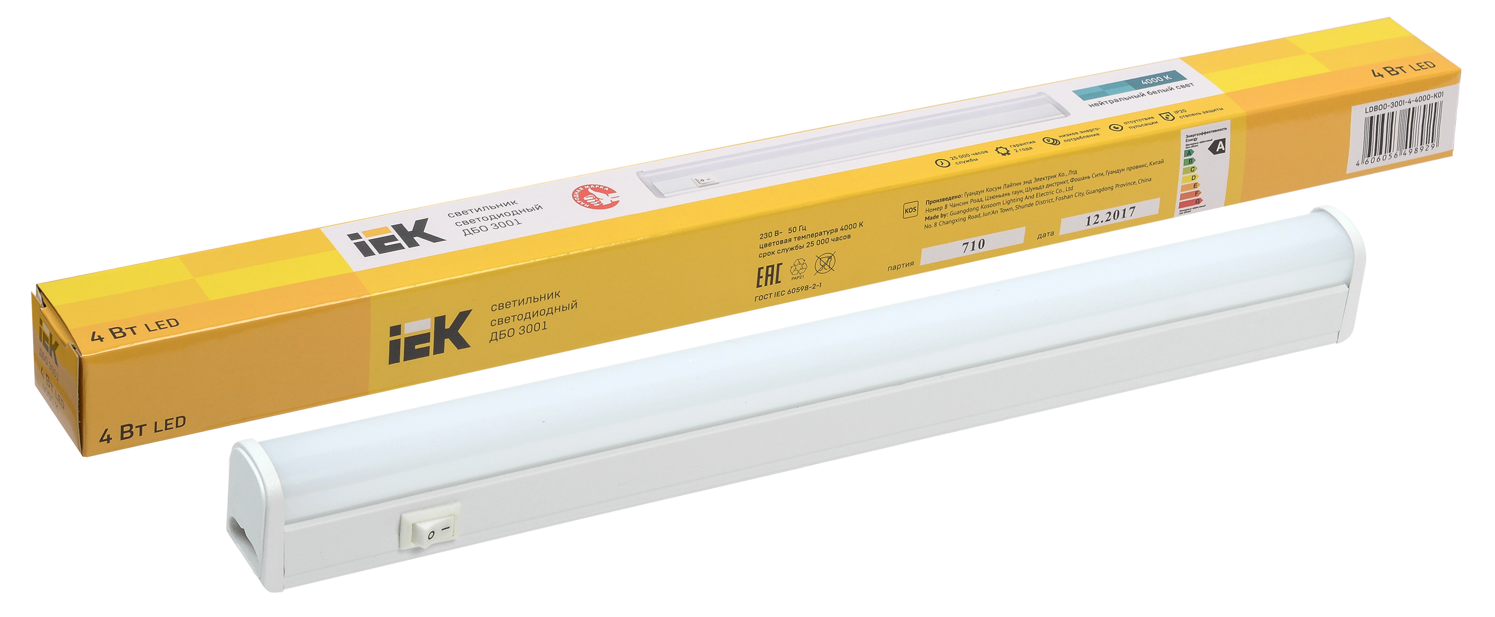 Светильник светодиодный линейный ДБО 3001 4Вт 4000K IP20 311мм пластик IEK
