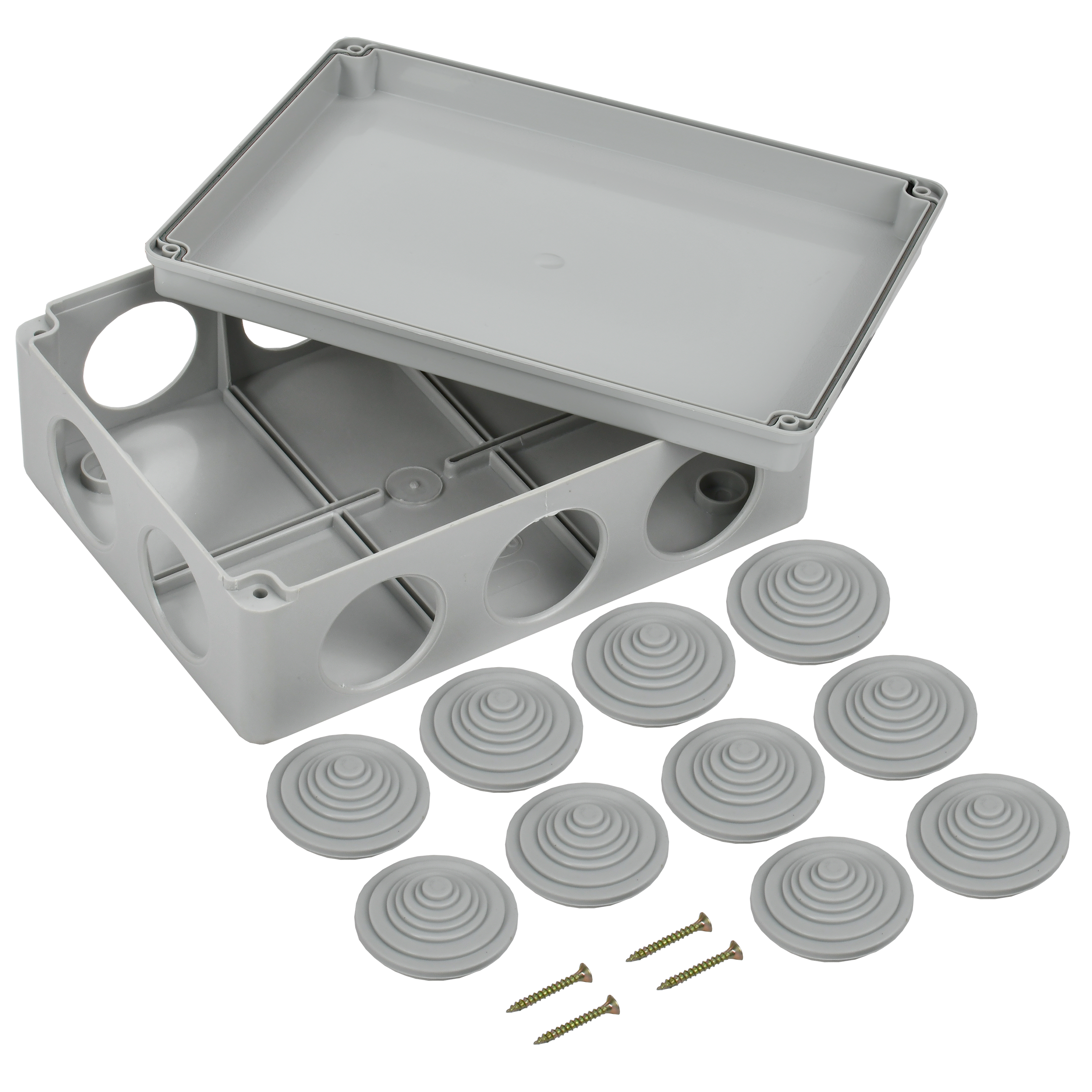 Коробка распаячная КМ41244 для открытой проводки безгалогенная (HF) 190х140х70мм IP55 10 гермовводов серая IEK