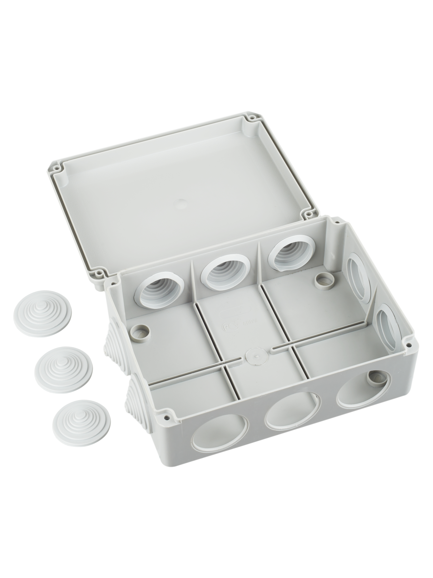 Коробка распаячная КМ41243 для открытой проводки безгалогенная (HF) 190х140х70мм IP44 10 гермовводов серая IEK