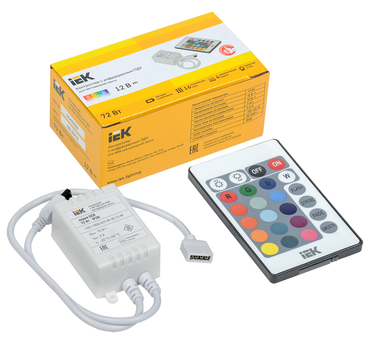 Контроллер с ПДУ ИК RGB 3 канала 12В 2А 72Вт IEK