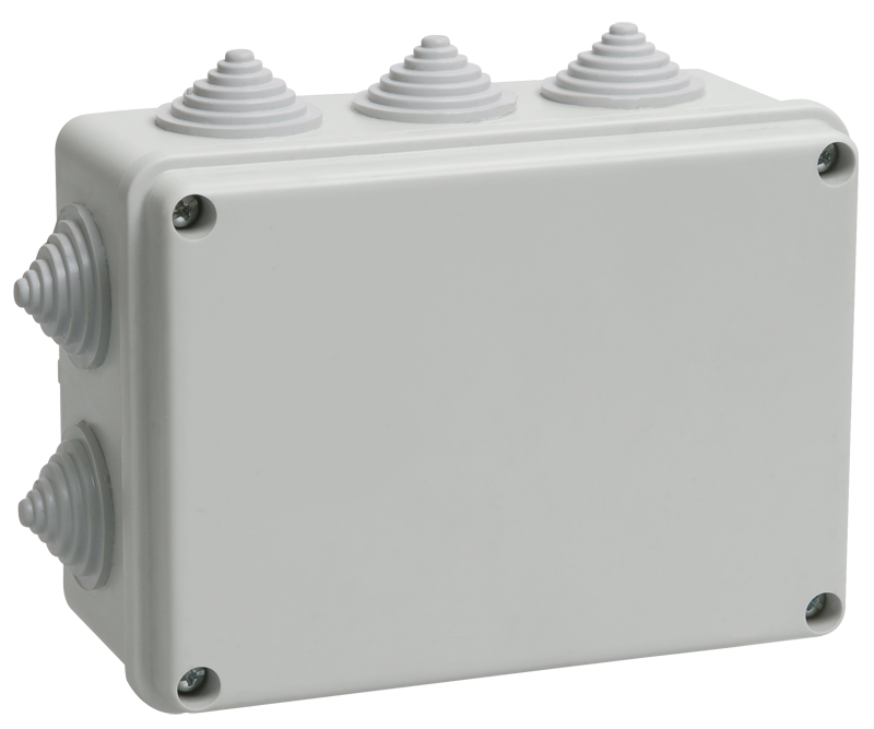 Коробка распаячная КМ41242 для открытой проводки безгалогенная (HF) 150х110х70мм IP55 10 гермовводов серая IEK