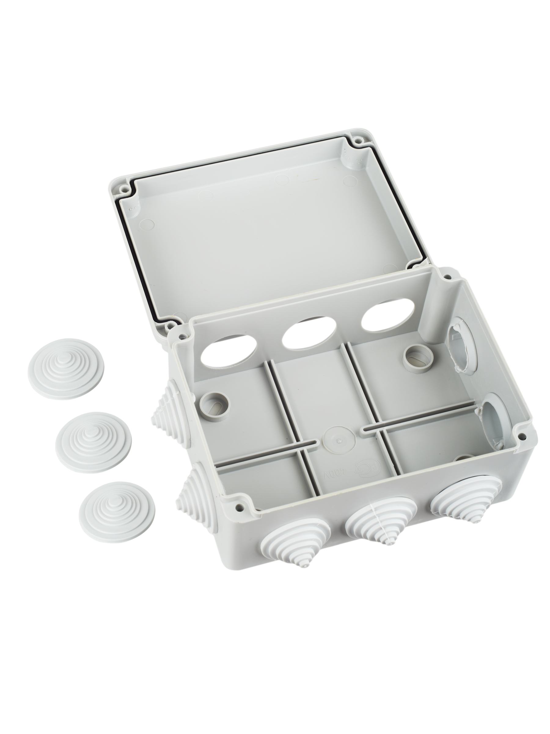 Коробка распаячная КМ41242 для открытой проводки безгалогенная (HF) 150х110х70мм IP55 10 гермовводов серая IEK