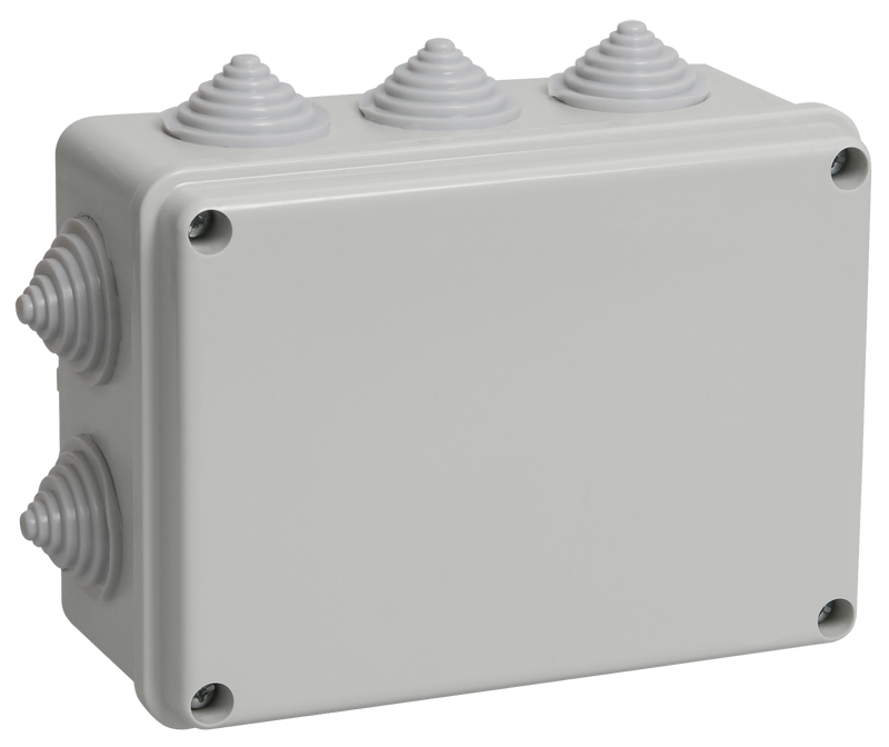 Коробка распаячная КМ41241 для открытой проводки безгалогенная (HF) 150х110х70мм IP44 10 гермовводов серая IEK