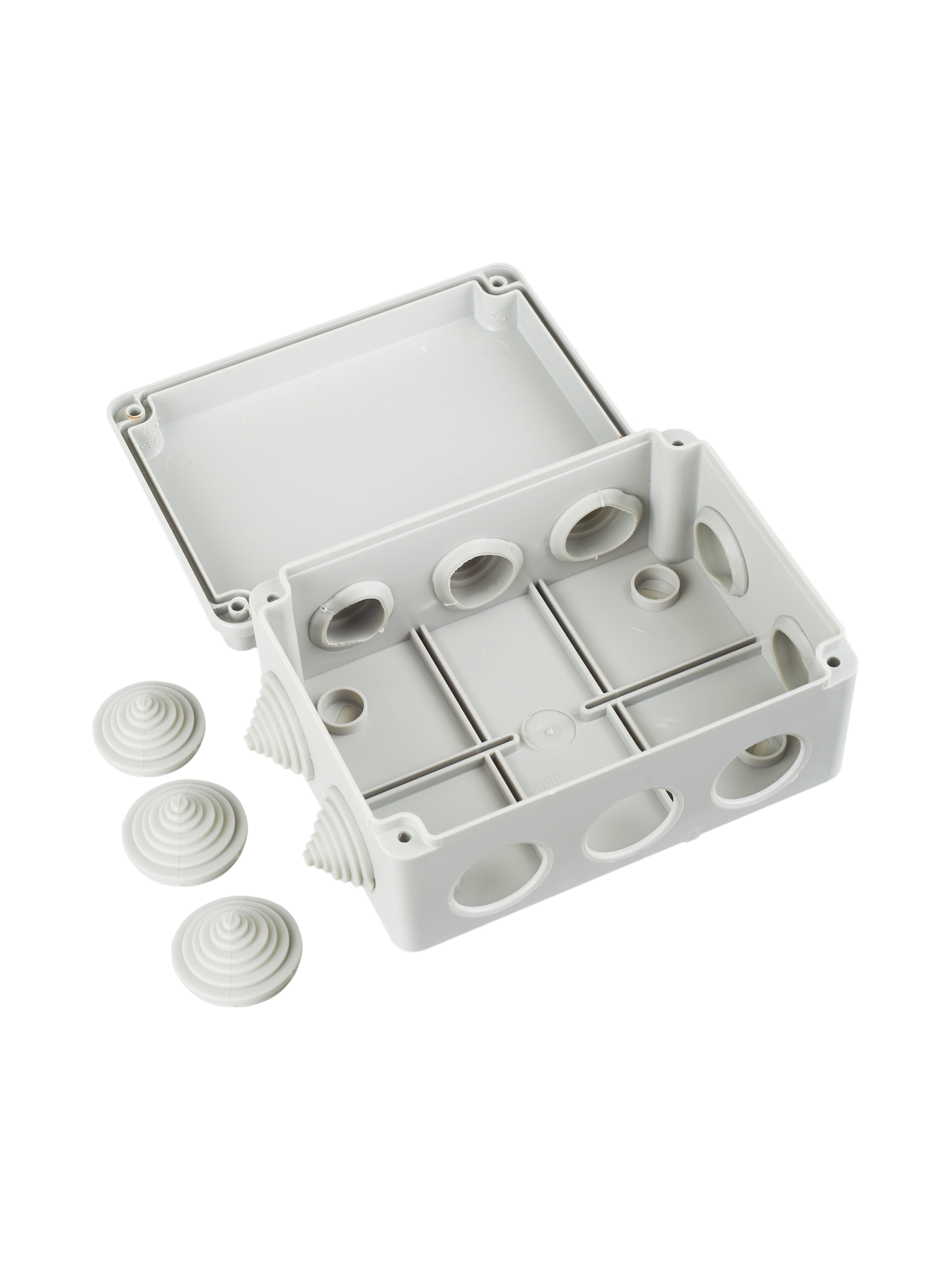 Коробка распаячная КМ41241 для открытой проводки безгалогенная (HF) 150х110х70мм IP44 10 гермовводов серая IEK