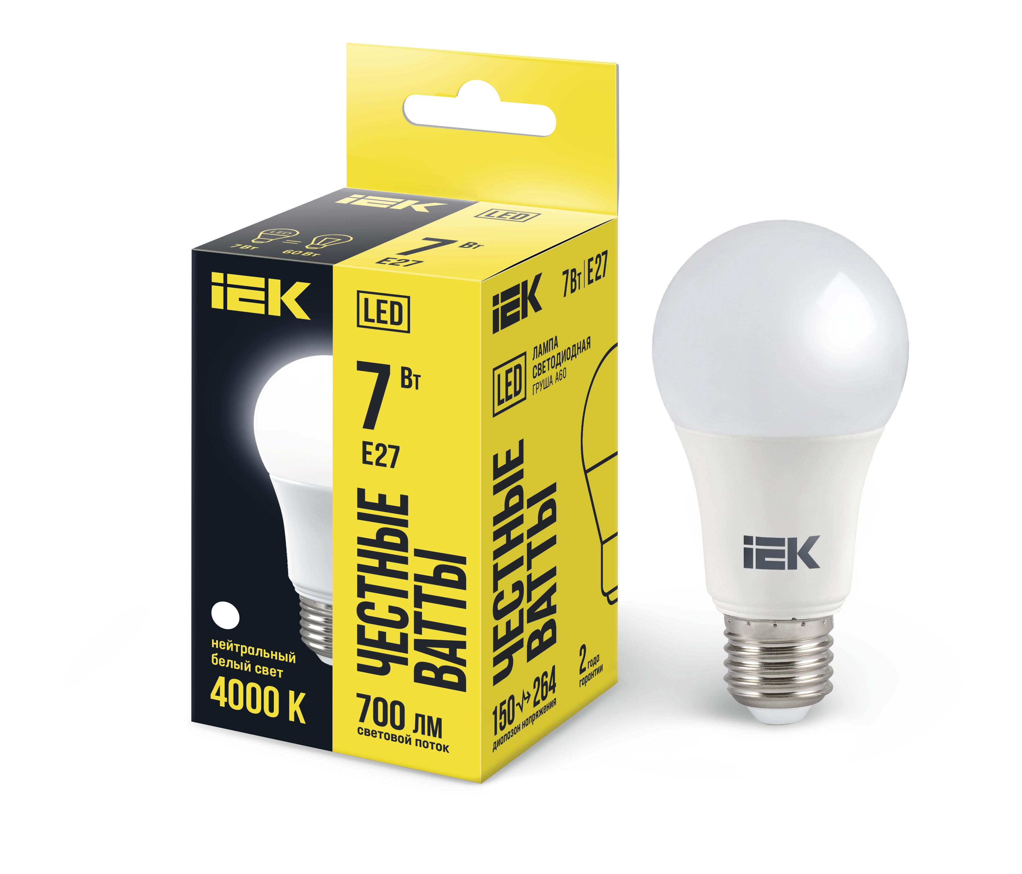 Лампа светодиодная A60 груша 7Вт 230В 4000К E27 IEK