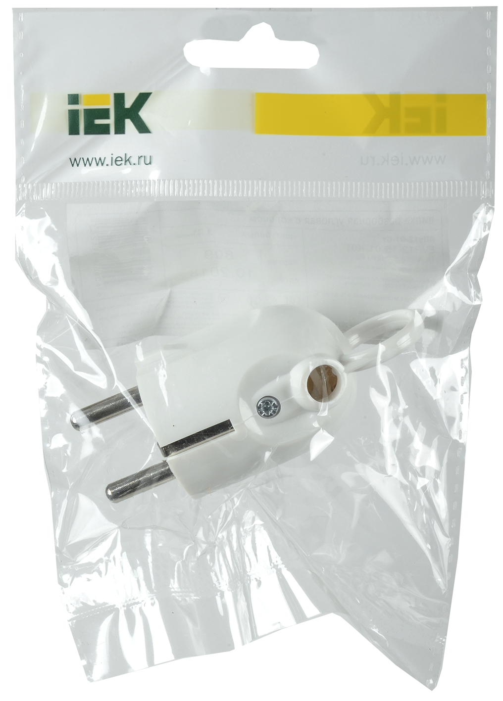 Вилка разборная угловая ВПу12-01-Ст с заземляющим контактом с кольцом 16А белая IEK