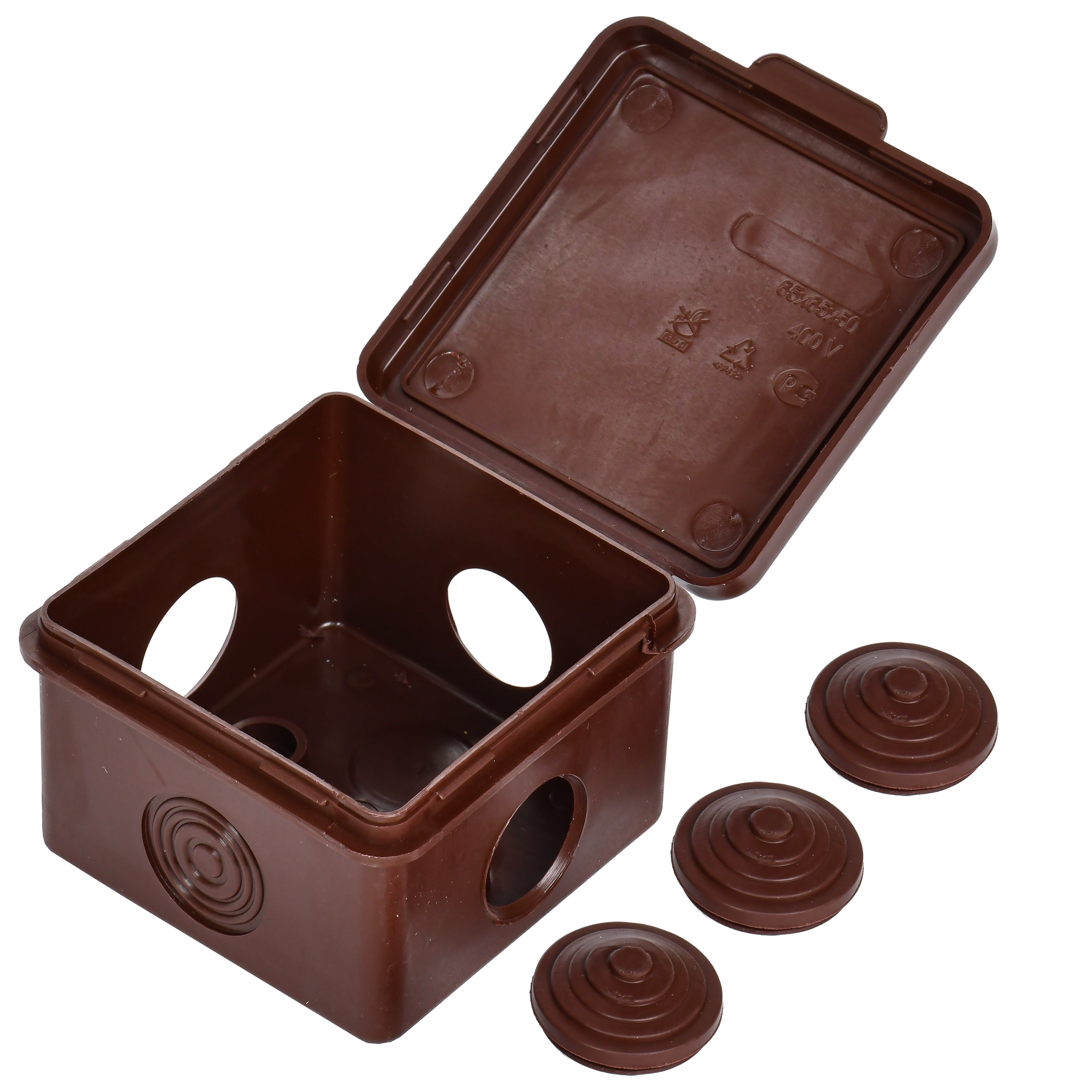 Коробка распаячная КМ для открытой проводки с откидной крышкой 65х65х50мм IP54 4 гермоввода дуб IEK