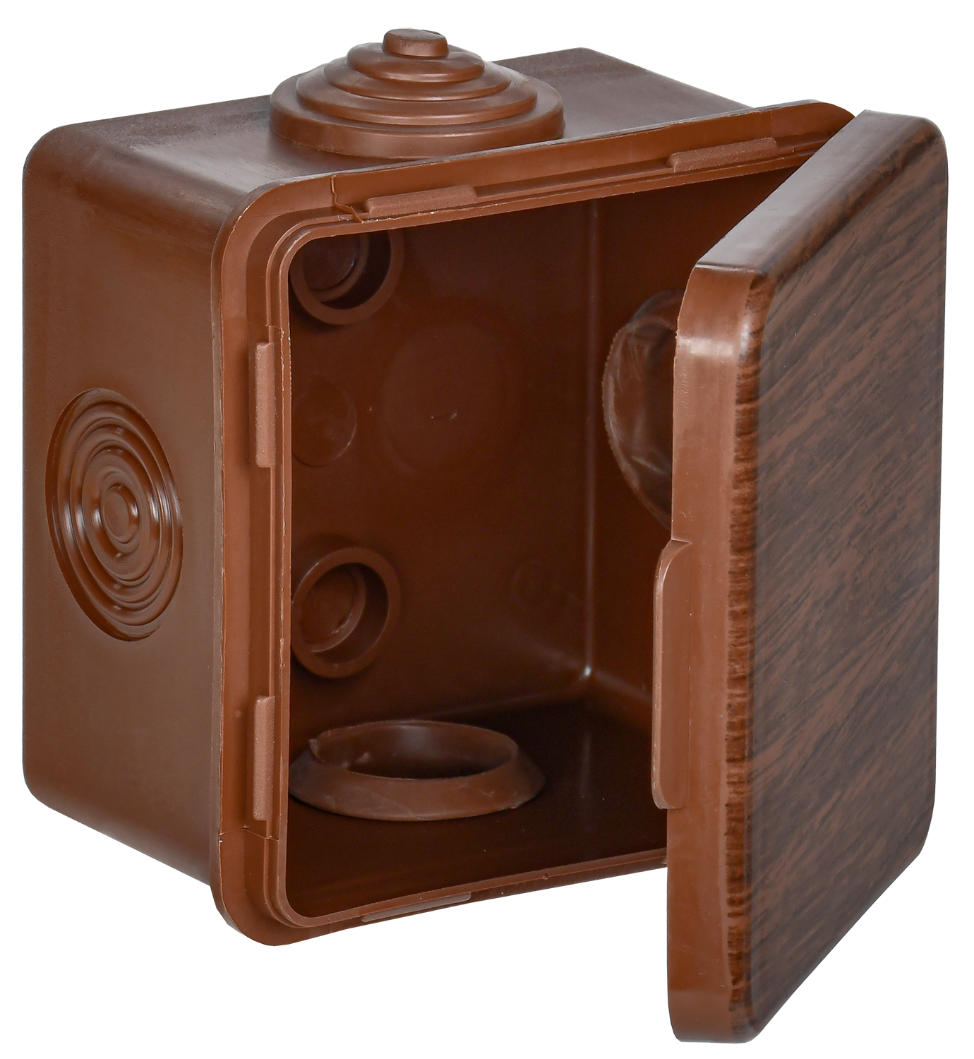 Коробка распаячная КМ для открытой проводки с откидной крышкой 65х65х50мм IP54 4 гермоввода дуб IEK