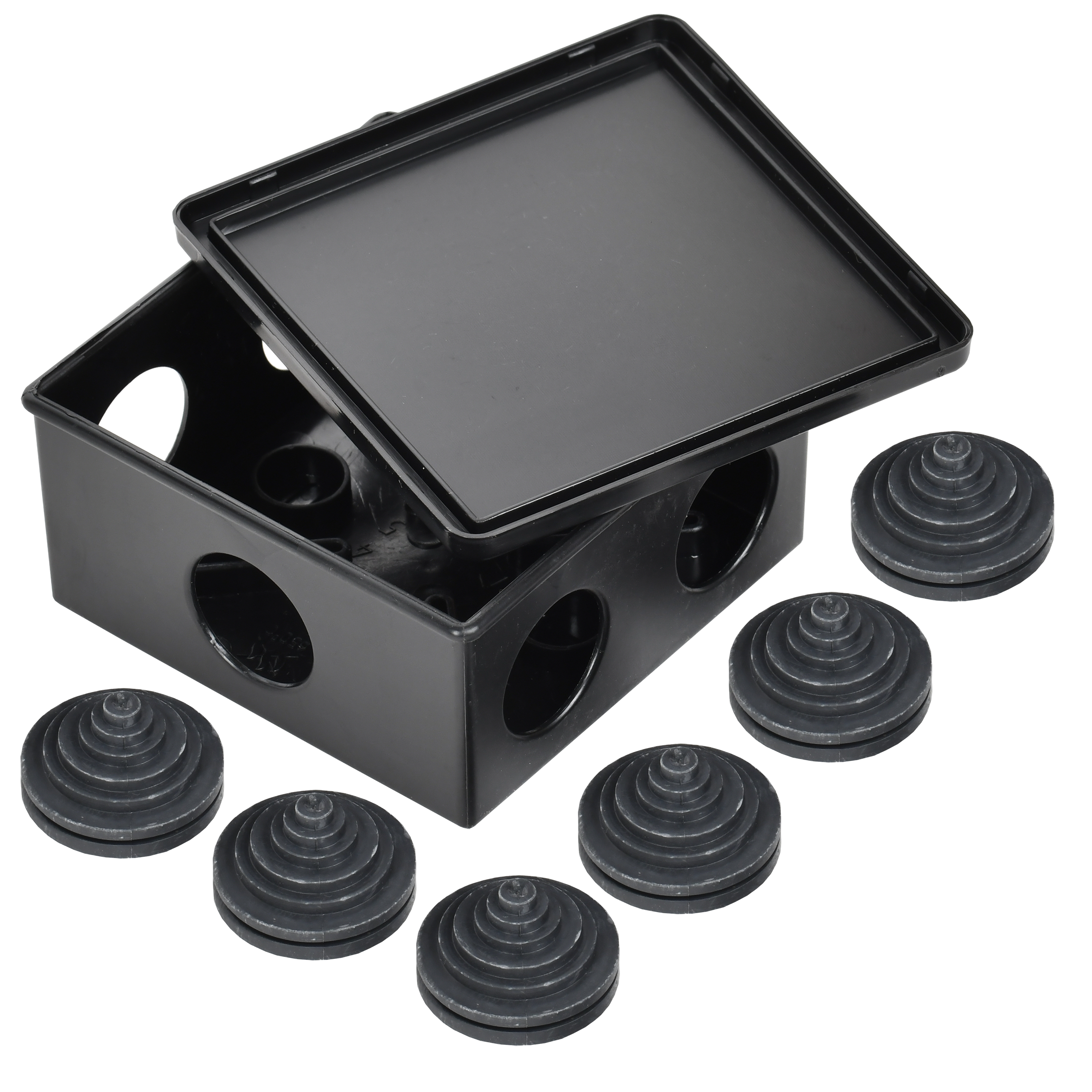 Коробка распаячная КМ41235 для открытой проводки с защелкивающейся крышкой безгалогенная (HF) 85х85х40мм IP44 6 гермовводов черная (RAL 9005) IEK