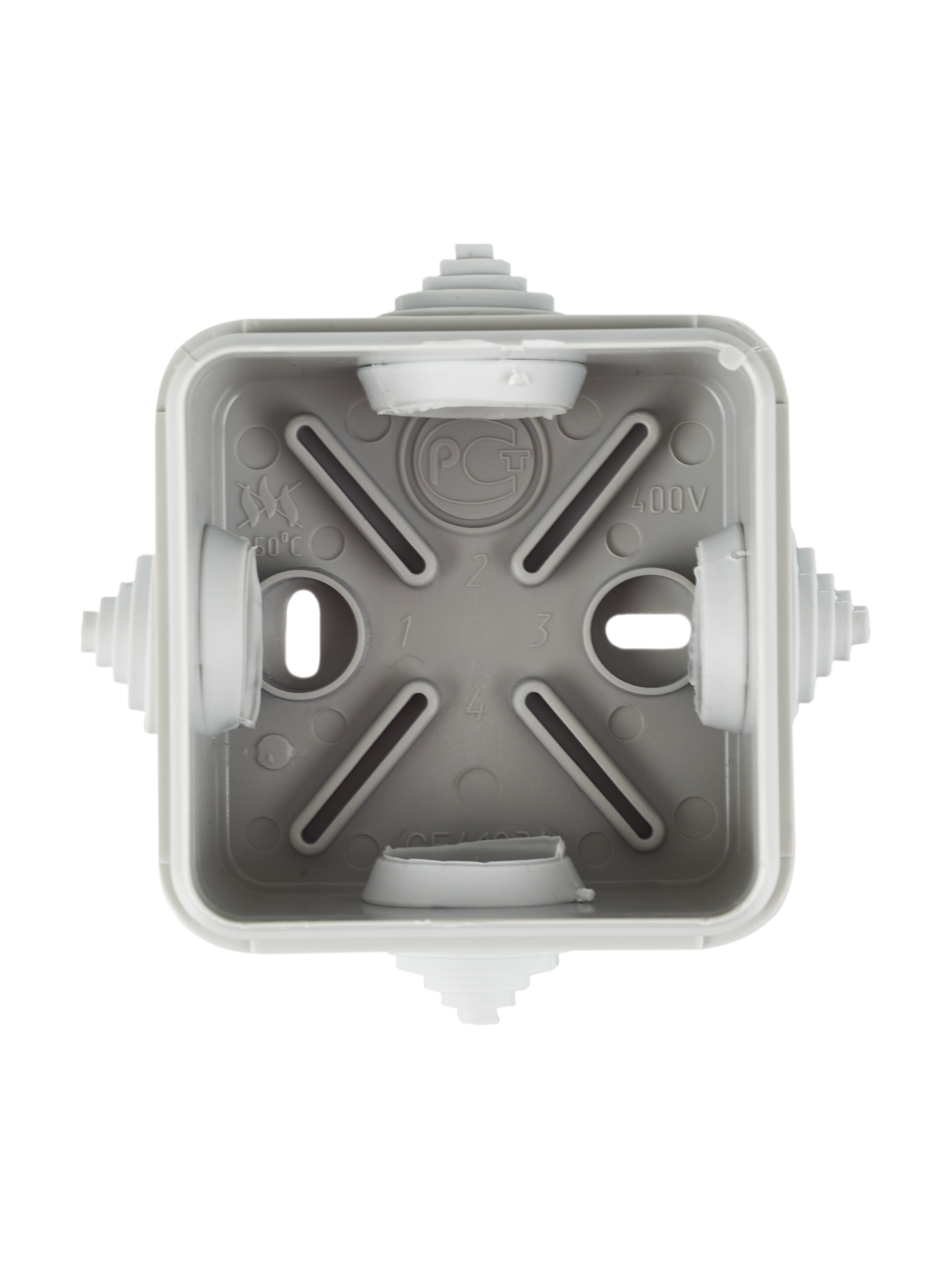 Коробка распаячная КМ41236 для открытой проводки безгалогенная (HF) 70х70х40мм с защелкивающейся крышкой IP44 4 гермоввода серая IEK