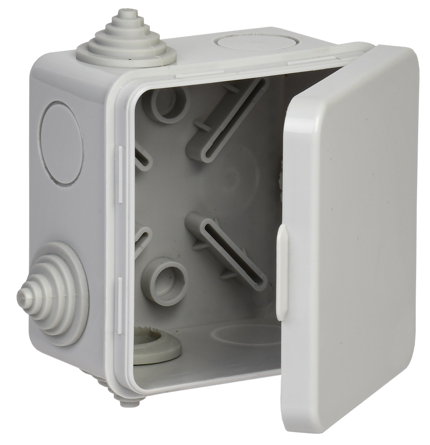 Коробка распаячная КМ41238 для открытой проводки безгалогенная (HF) 80х80х50мм с откидной крышкой IP54 7 гермовводов серая IEK