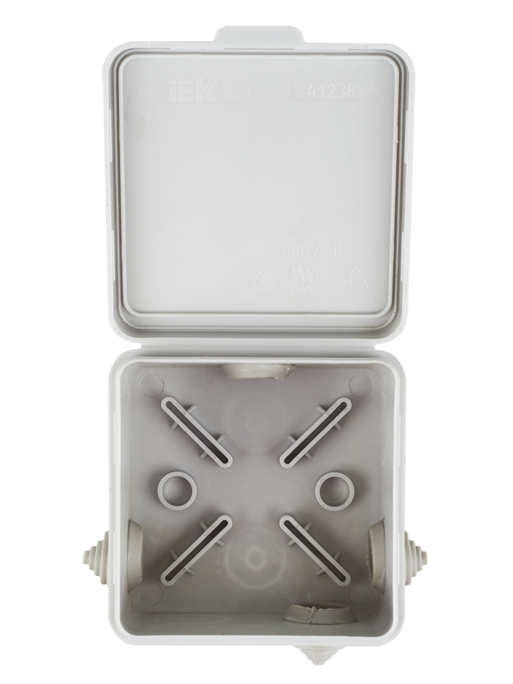 Коробка распаячная КМ41238 для открытой проводки безгалогенная (HF) 80х80х50мм с откидной крышкой IP54 7 гермовводов серая IEK