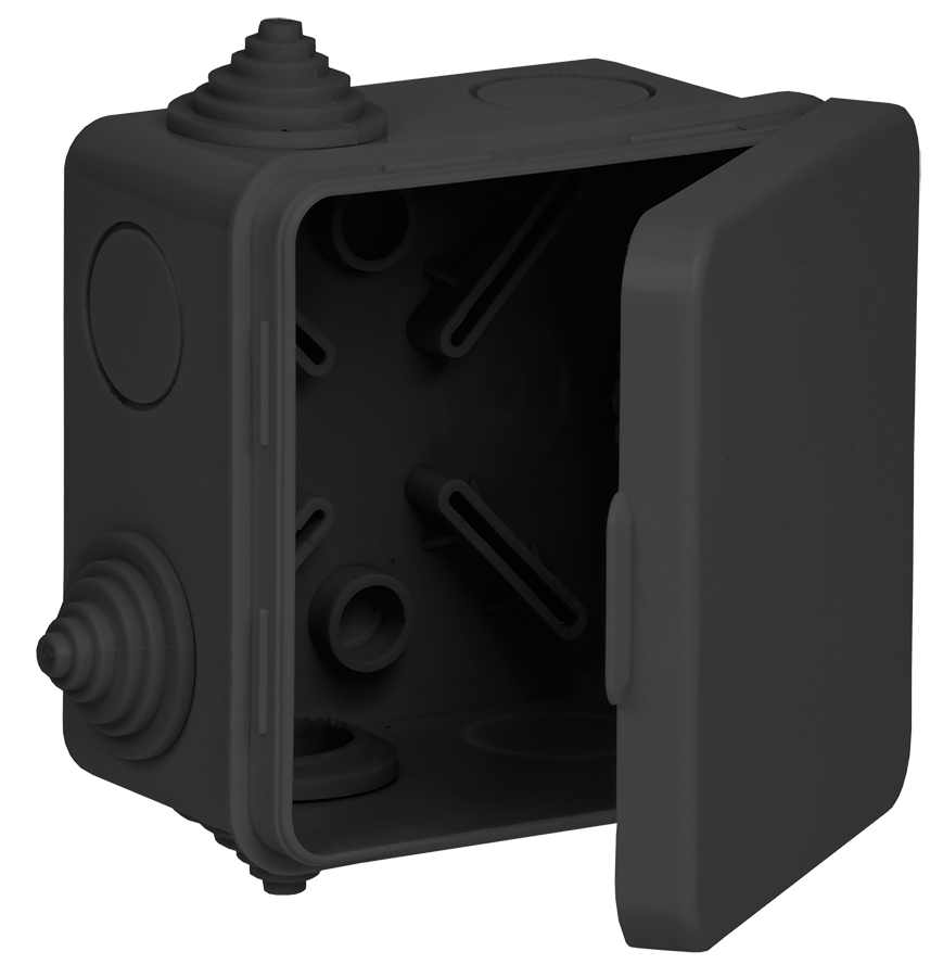 Коробка распаячная КМ41238 для открытой проводки с откидной крышкой безгалогенная (HF) 80х80х50мм IP54 7 гермовводов черная (RAL 9005) IEK