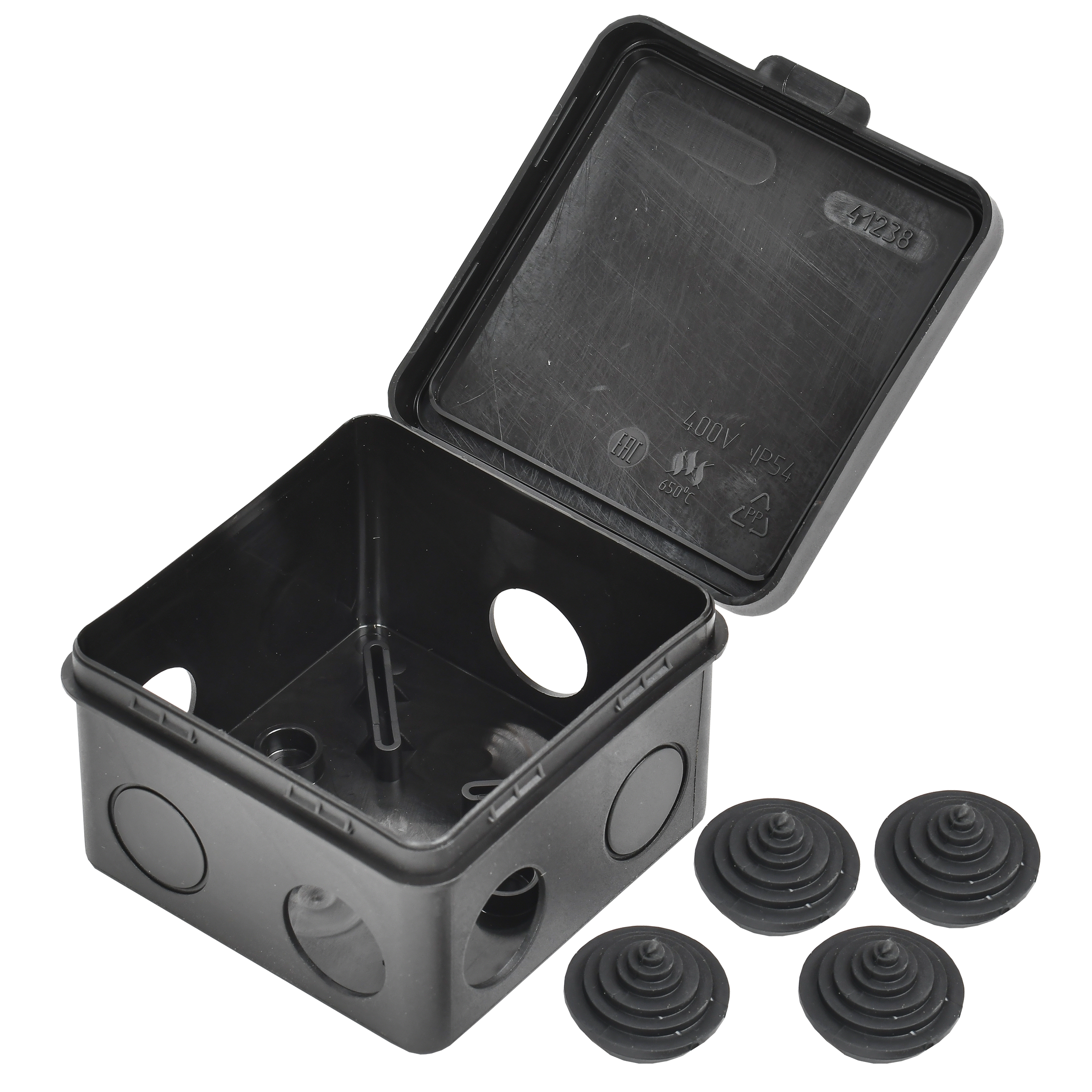 Коробка распаячная КМ41238 для открытой проводки с откидной крышкой безгалогенная (HF) 80х80х50мм IP54 7 гермовводов черная (RAL 9005) IEK