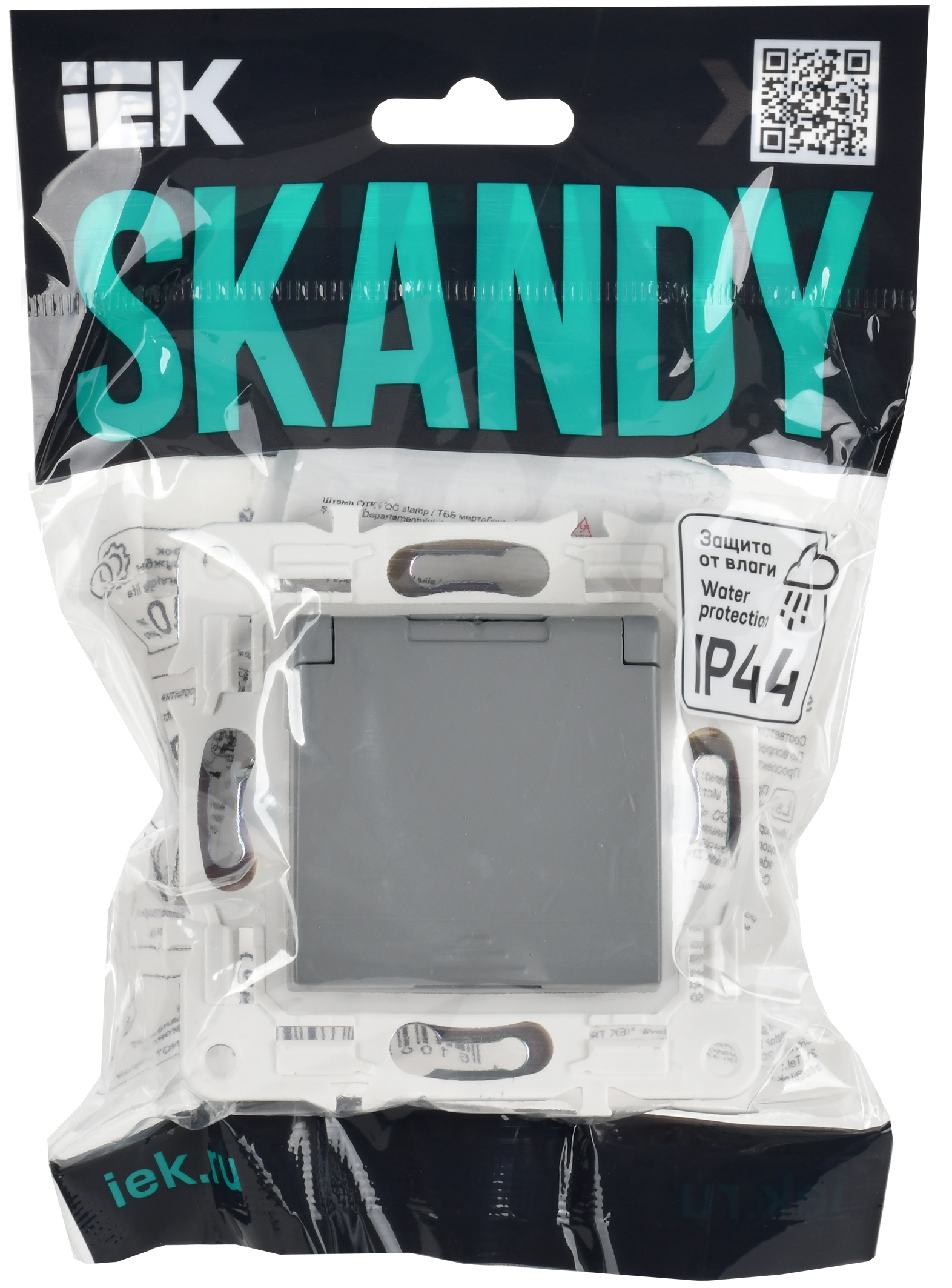 SKANDY Розетка 1-местная с заземлением с защитными шторками и крышкой 16А IP44 SK-R11Gr серый IEK