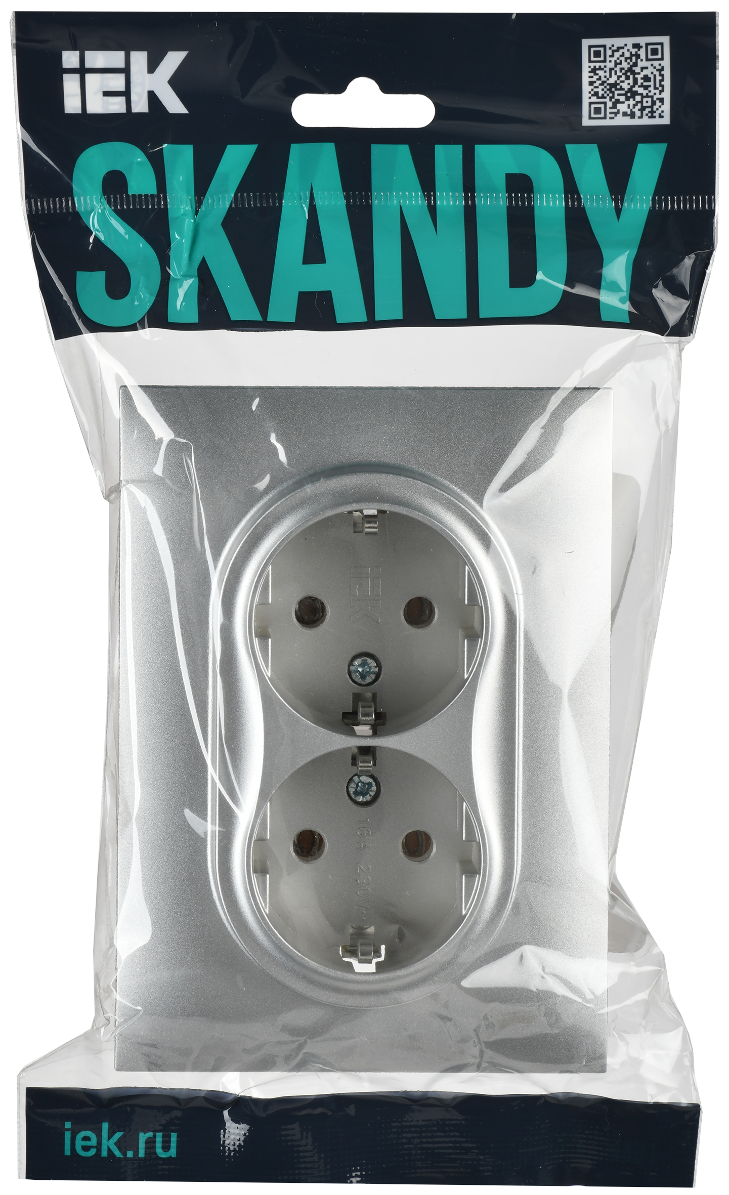 SKANDY Розетка 2-местная с заземлением без защитных шторок 16А в сборе SK-R08S серебряный IEK
