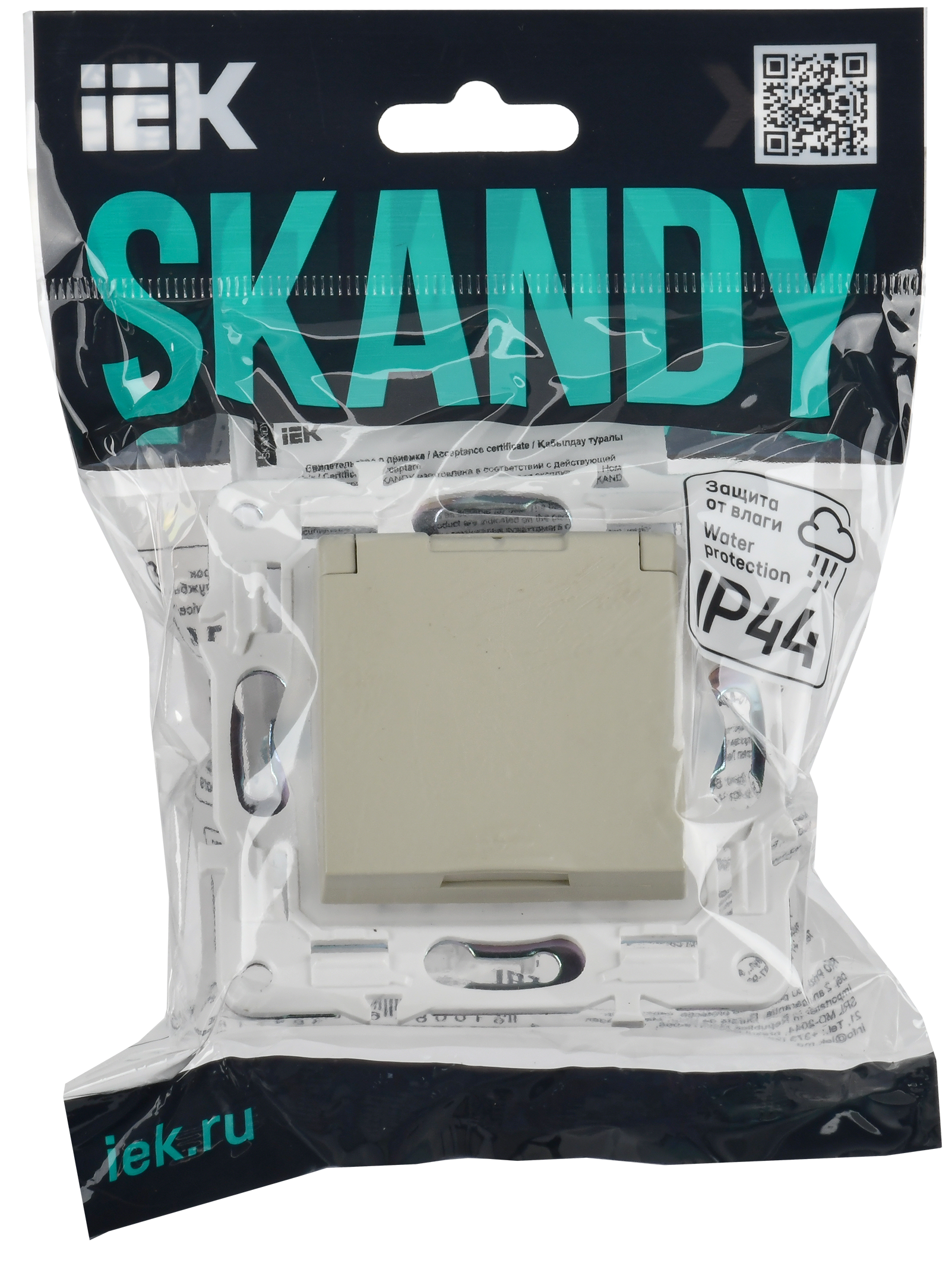 SKANDY Розетка 1-местная с заземлением с защитными шторками и крышкой 16А IP44 SK-R11B бежевый IEK