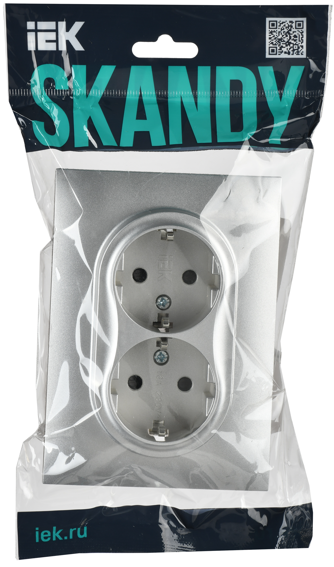 SKANDY Розетка 2-местная с заземлением с защитными шторками 16А в сборе SK-R07S серебряный IEK