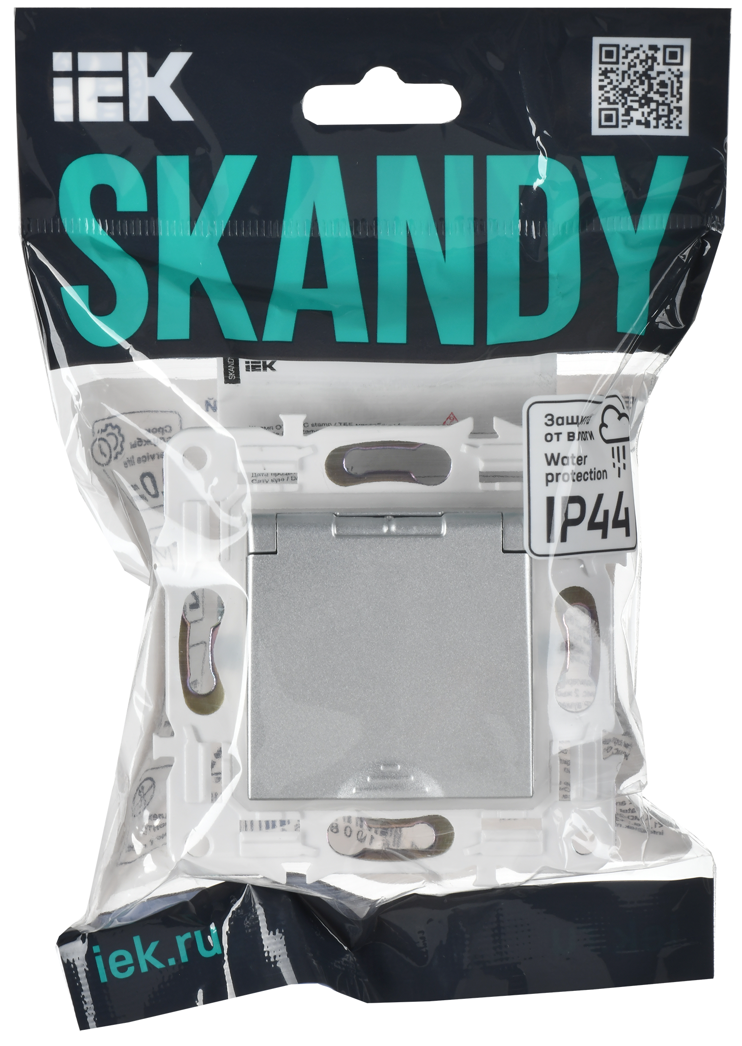 SKANDY Розетка 1-местная с заземлением с защитными шторками и крышкой 16А IP44 SK-R11S серебряный IEK