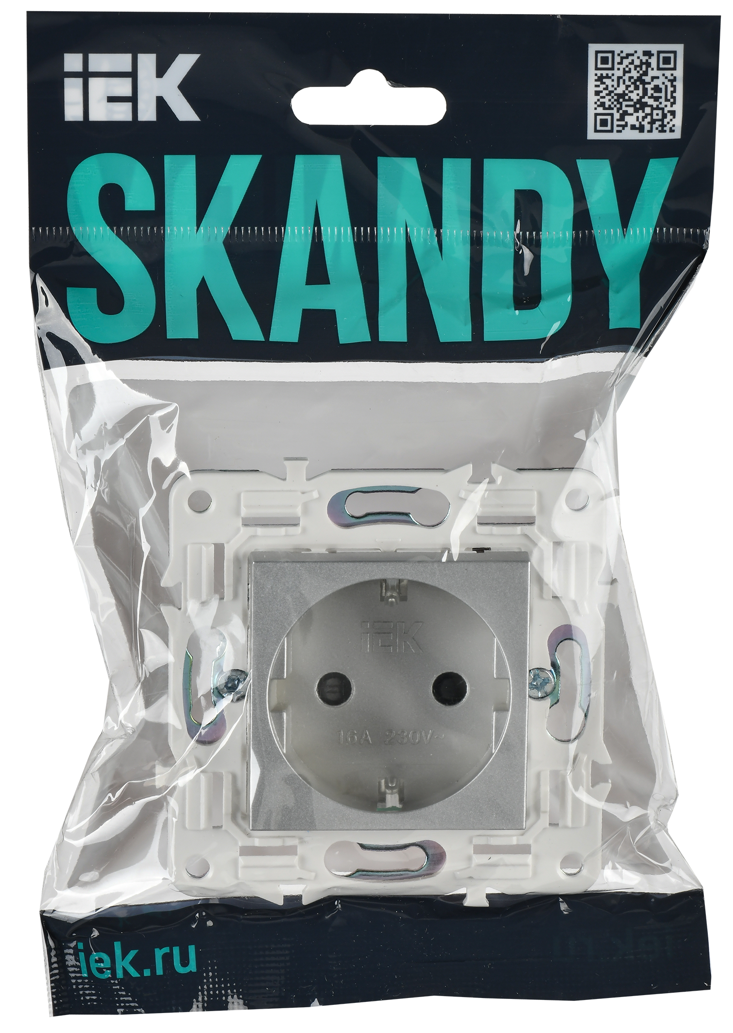 SKANDY Розетка с заземлением с защитными шторками 16А безвинтовое крепление SK-R06S серебряный IEK