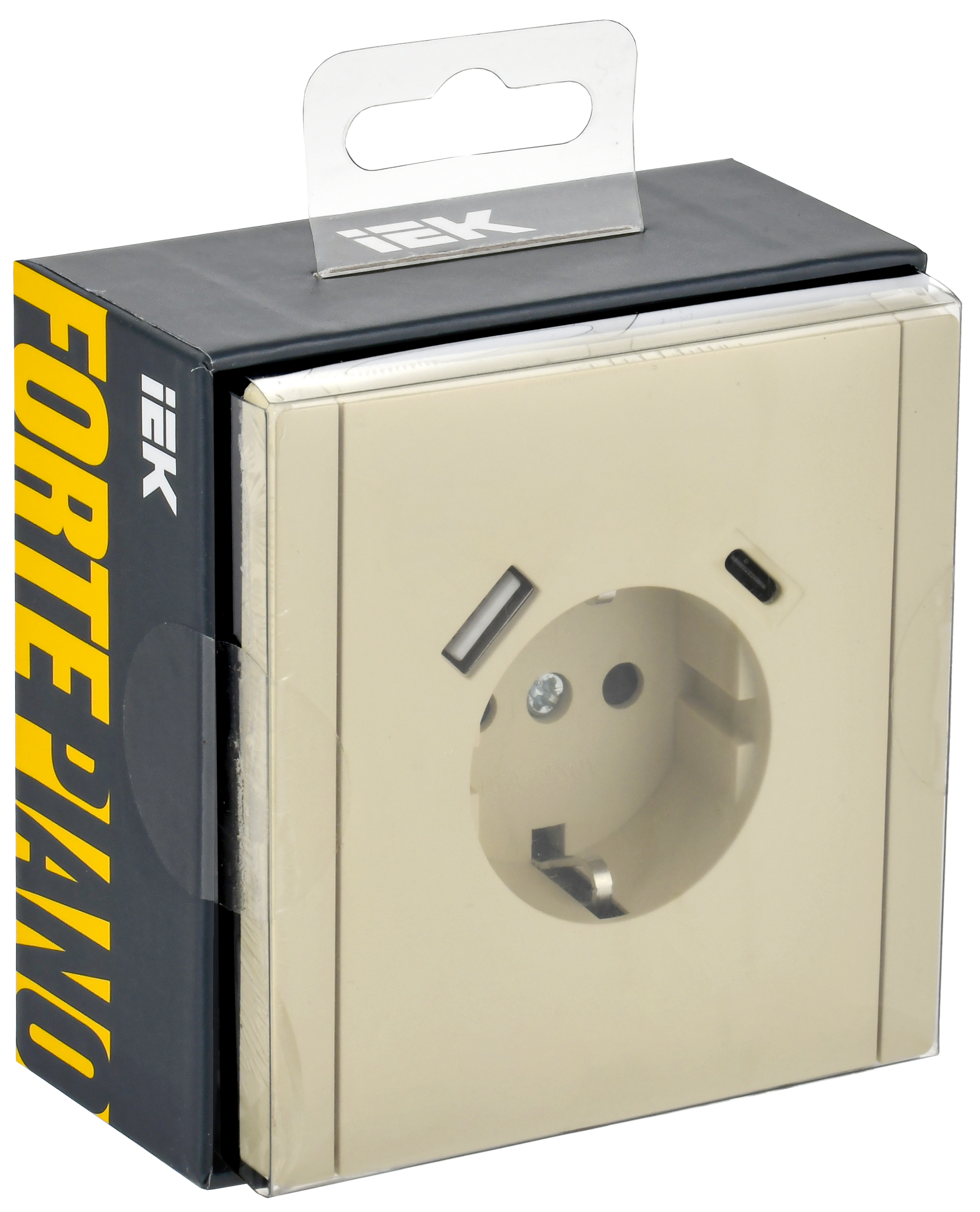 FORTE&PIANO Розетка 1-местная с заземлением с защитными шторками винтовое крепление 16А USB A+C 18Вт FP447 ваниль IEK