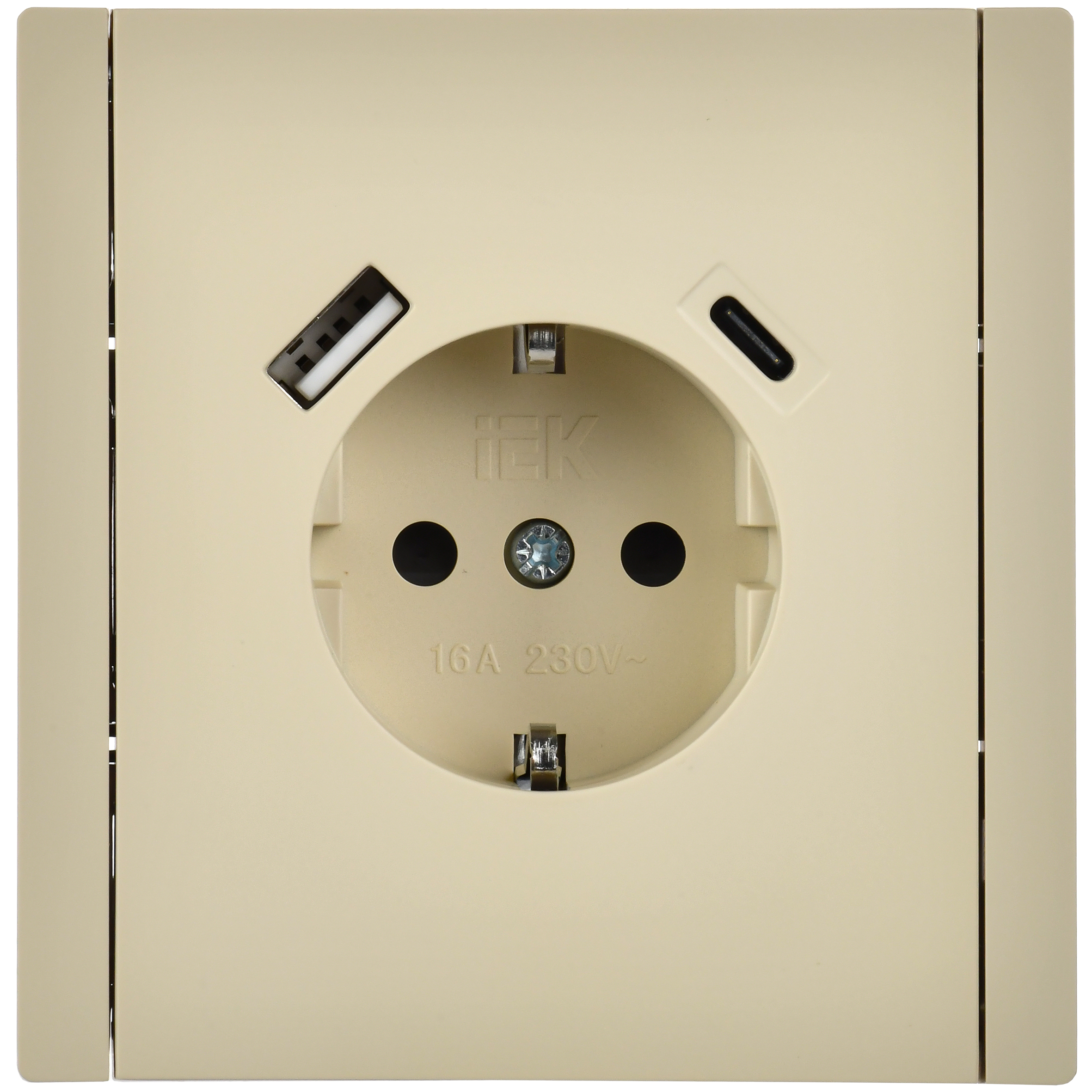 FORTE&PIANO Розетка 1-местная с заземлением с защитными шторками винтовое крепление 16А USB A+C 18Вт FP447 ваниль IEK