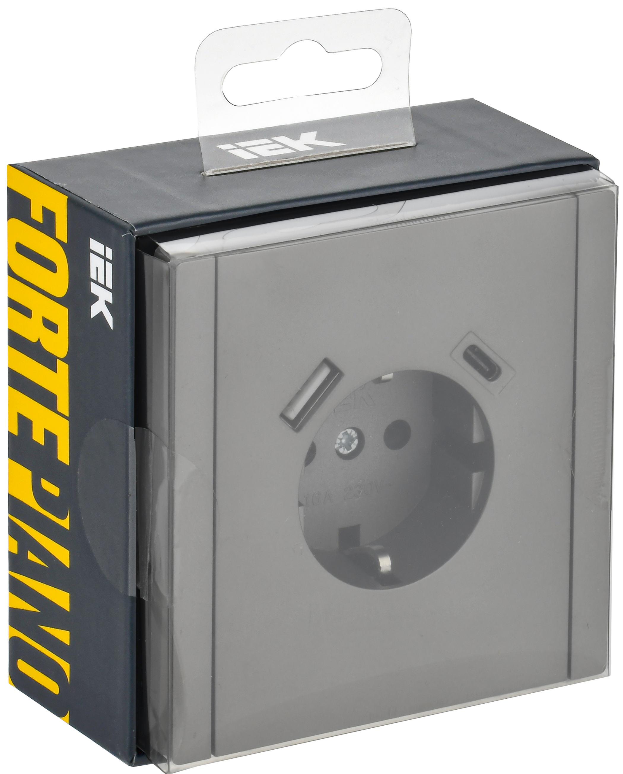 FORTE&PIANO Розетка 1-местная с заземлением с защитными шторками винтовое крепление 16А USB A+C 18Вт FP547 сталь IEK