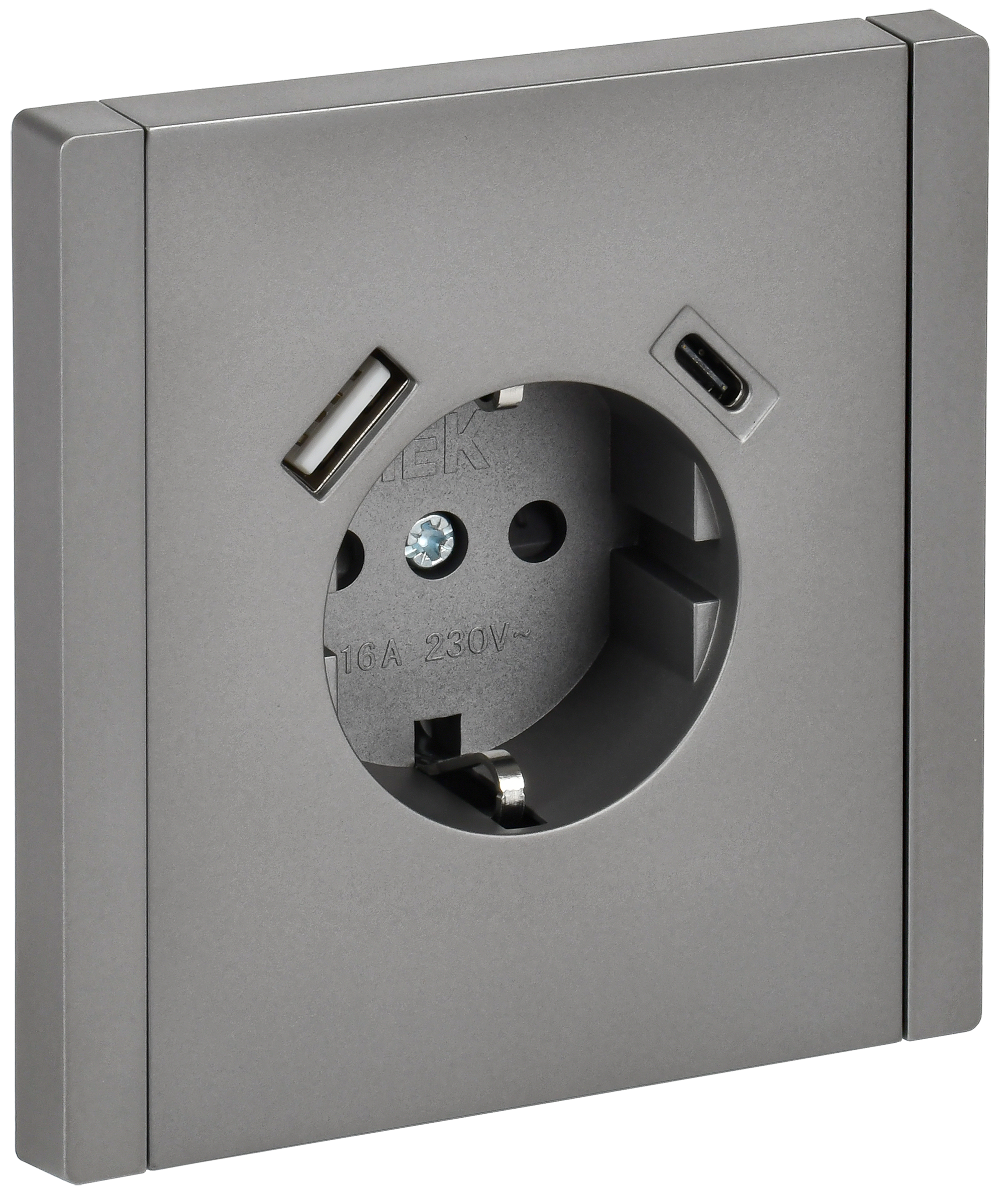 FORTE&PIANO Розетка 1-местная с заземлением с защитными шторками винтовое крепление 16А USB A+C 18Вт FP547 сталь IEK