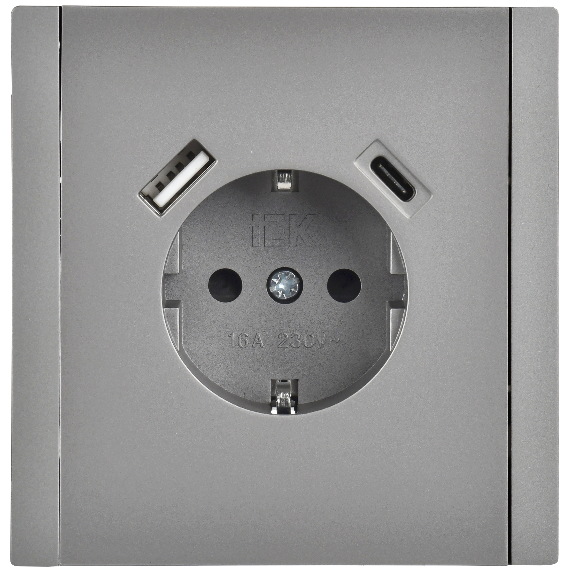 FORTE&PIANO Розетка 1-местная с заземлением с защитными шторками винтовое крепление 16А USB A+C 18Вт FP547 сталь IEK