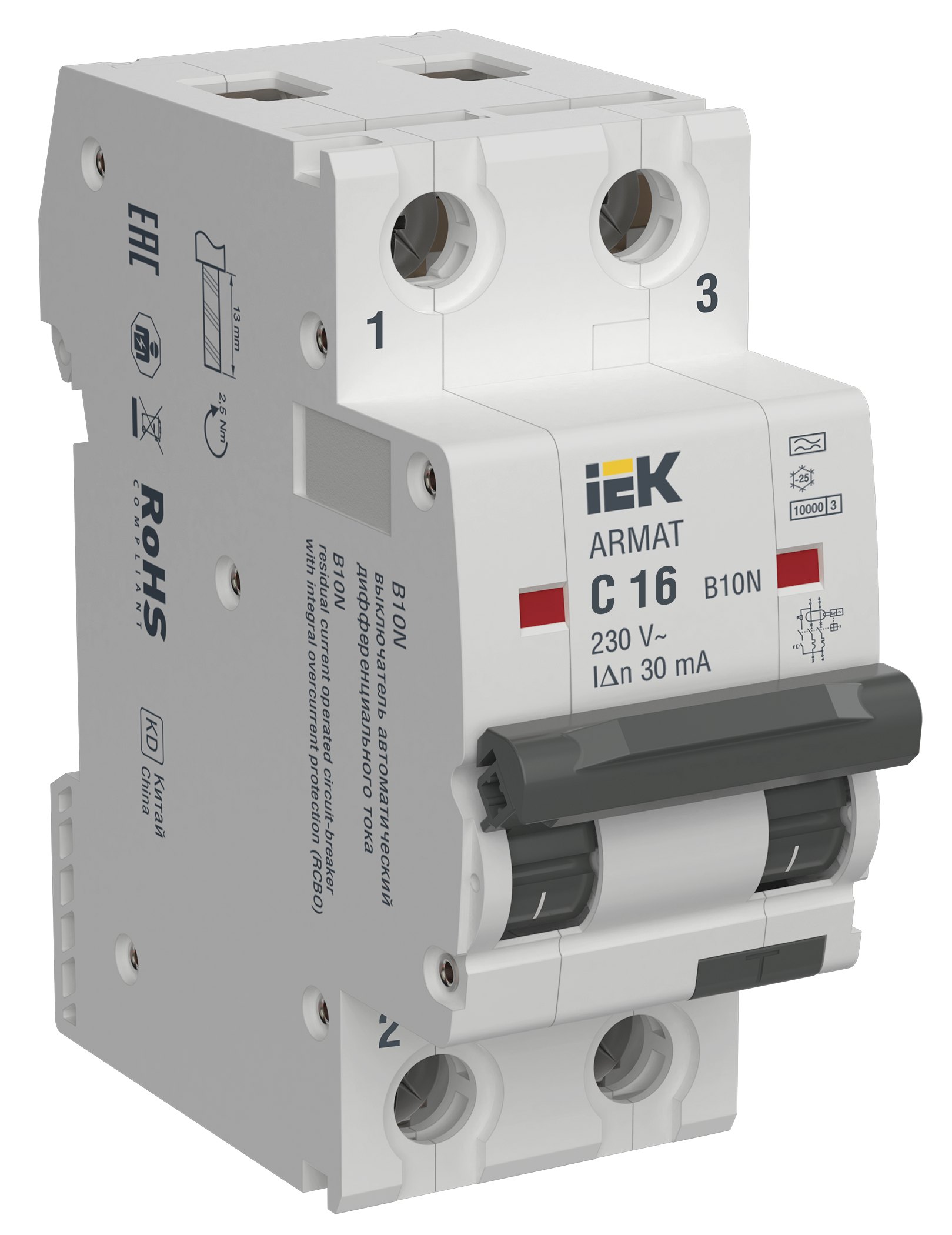 ARMAT Автоматический выключатель дифференциального тока B10N 2P C16 30мА тип A IEK
