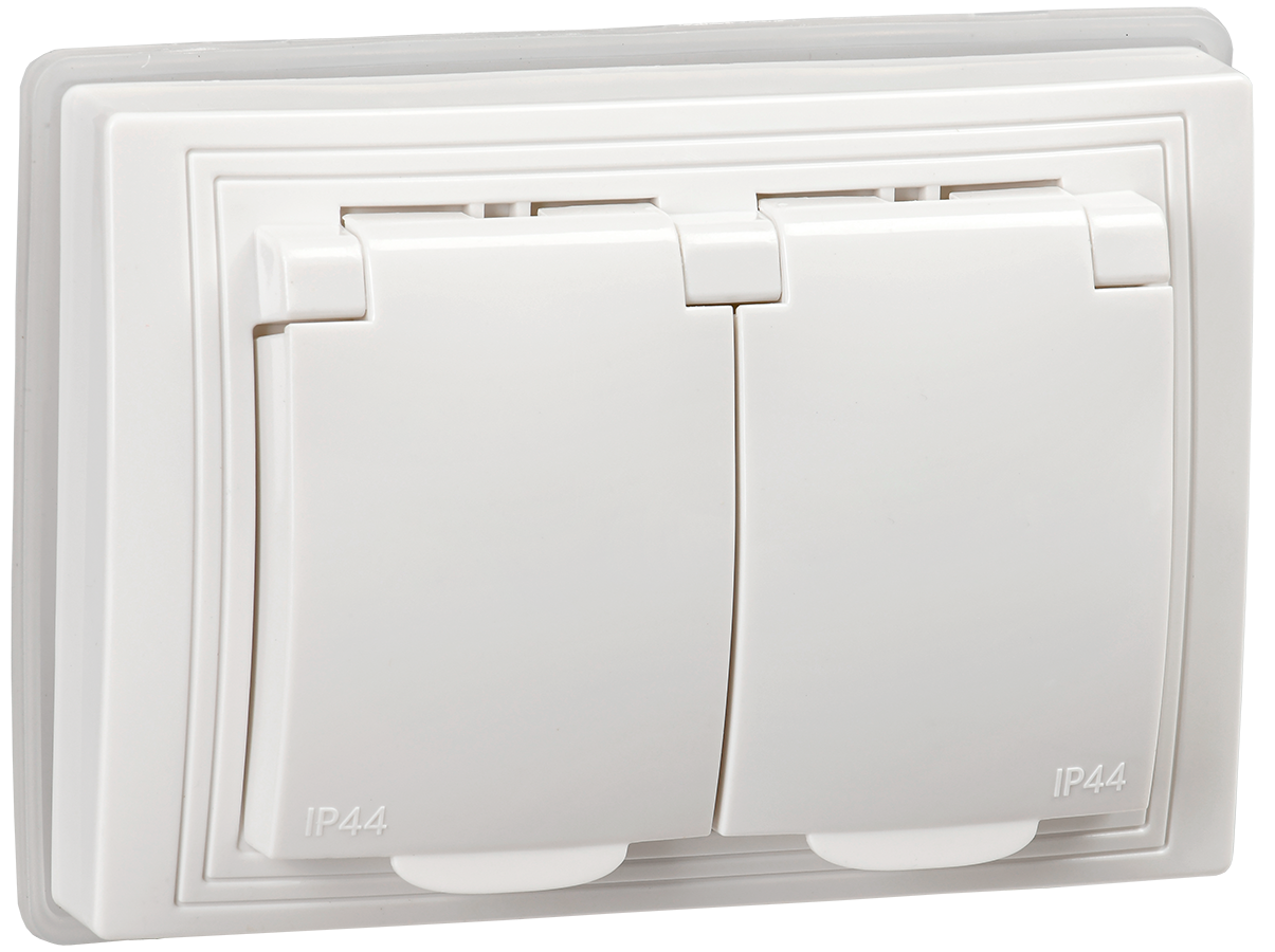 KVARTA Розетка 2-местная с заземлением с защитными шторками с крышкой 16А IP44 РСбш12-3-КБ-44 белый IEK