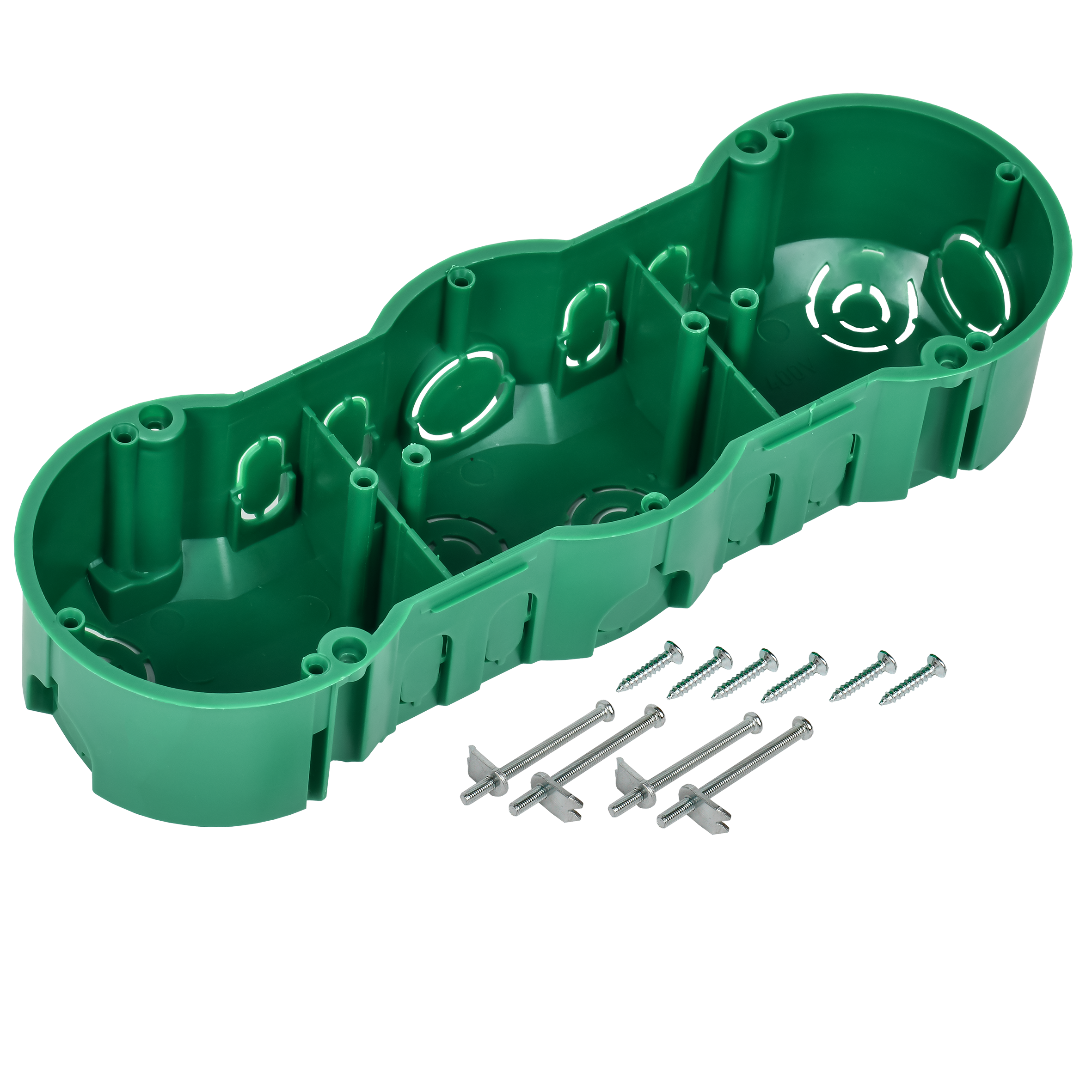 Коробка установочная КМ40024 трехместная для полых стен безгалогенная (HF) 212х70х45мм с саморезами и металлическими лапками IEK