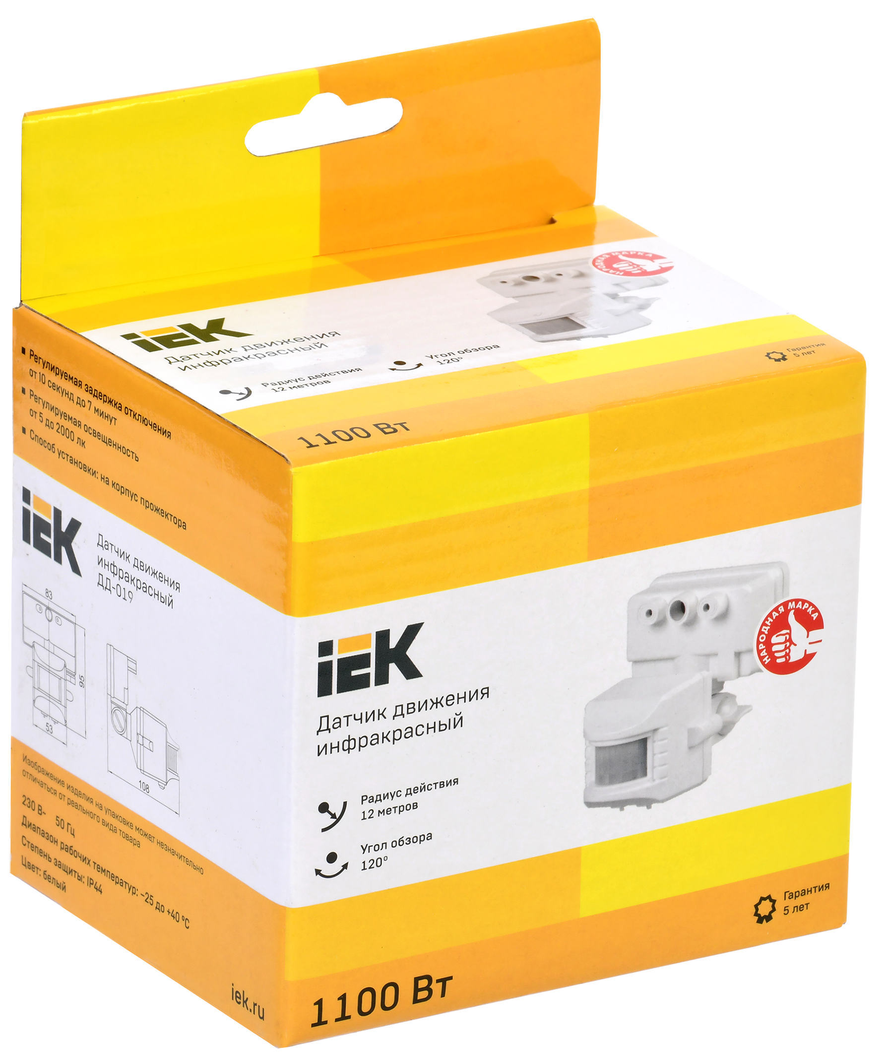 Датчик движения ДД-019 1100Вт 120град 12м IP44 белый IEK