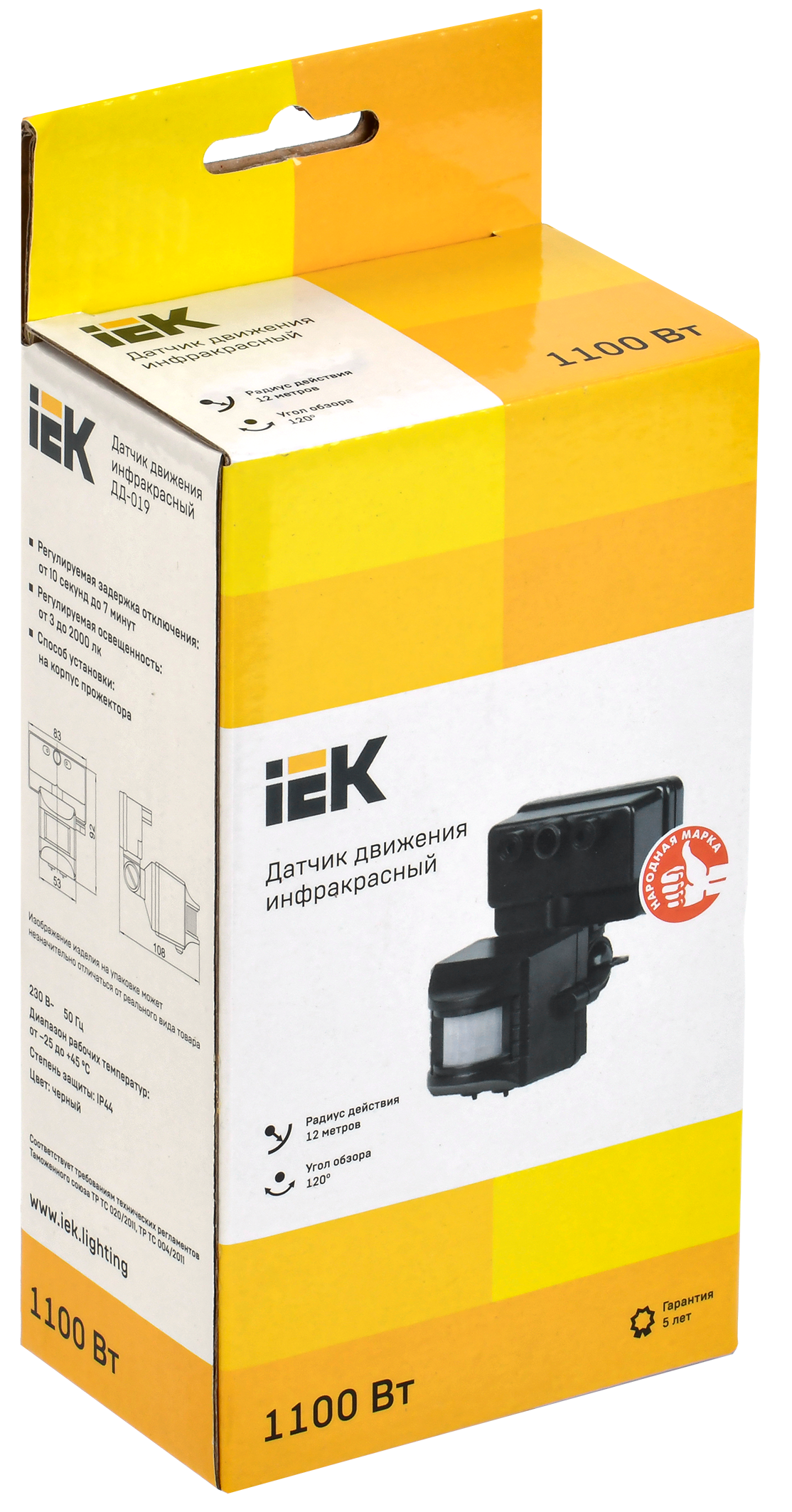Датчик движения ДД-019 1100Вт 120град 12м IP44 черный IEK