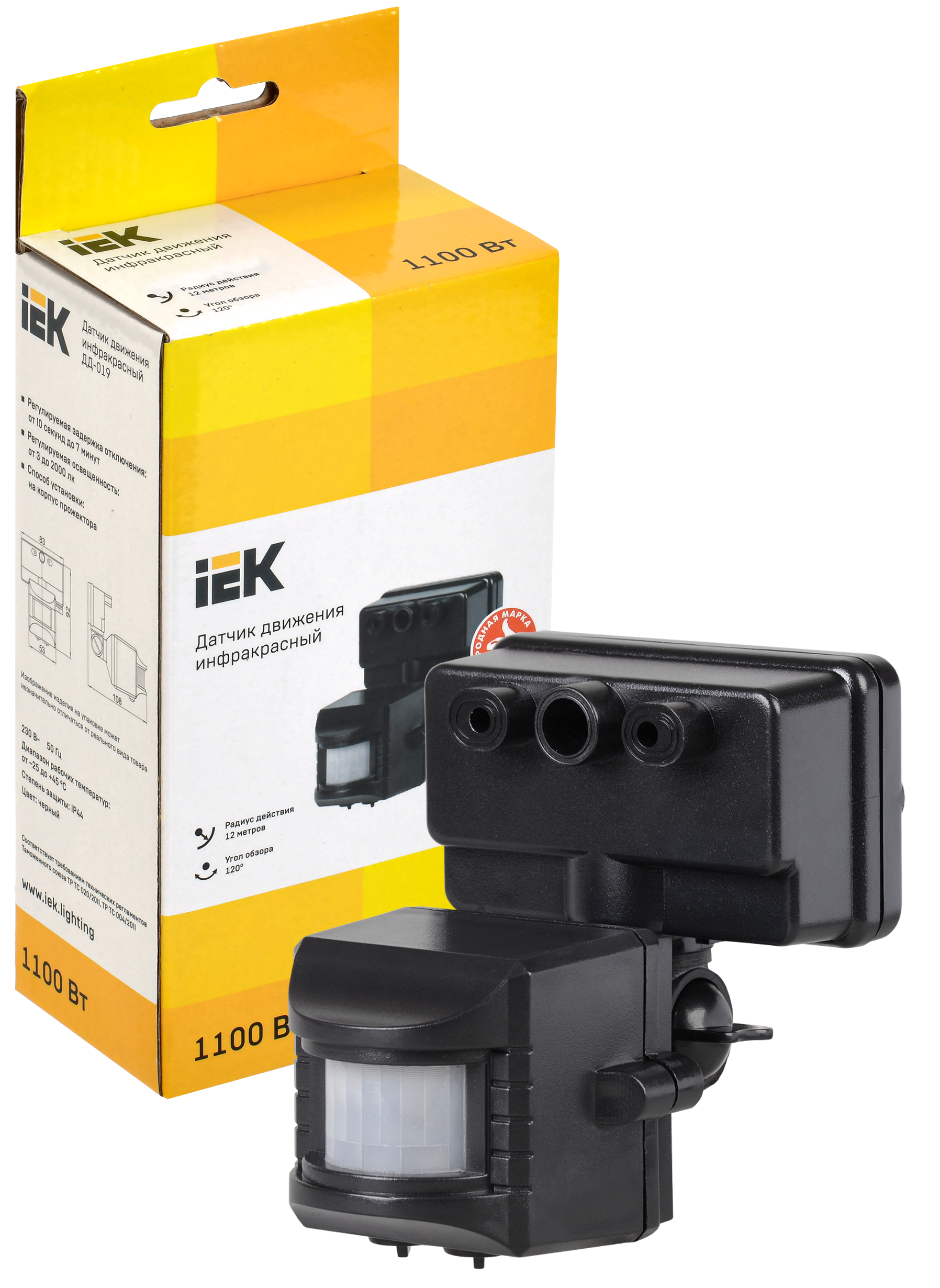 Датчик движения ДД-019 1100Вт 120град 12м IP44 черный IEK