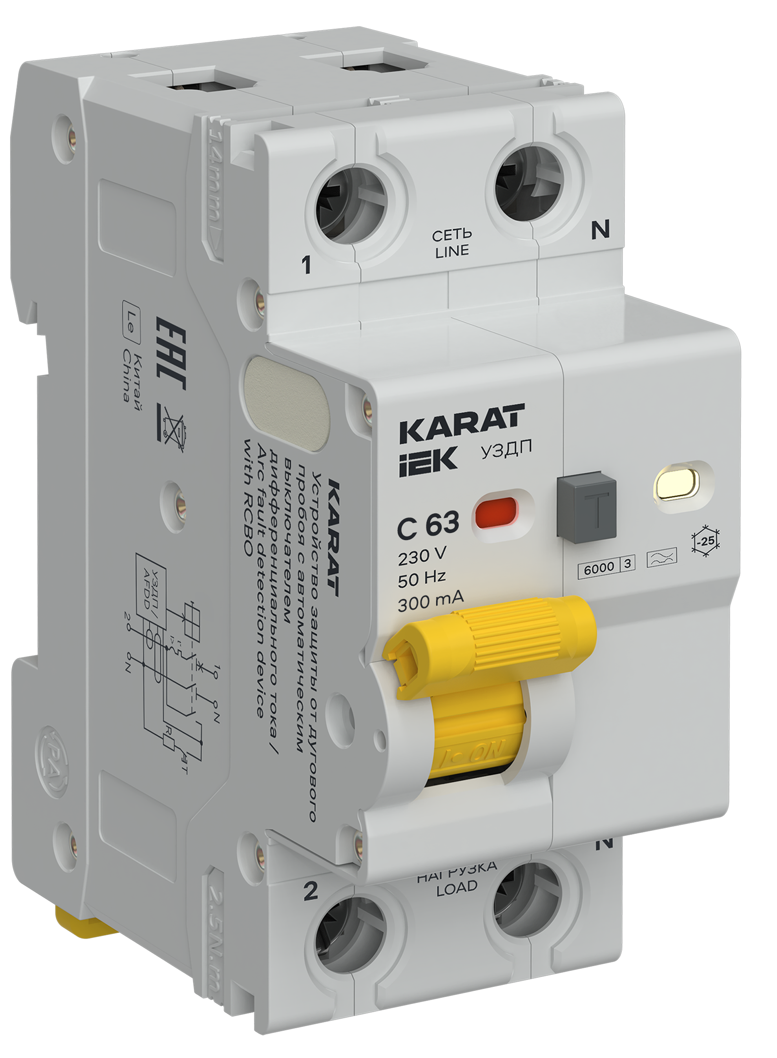 KARAT Устройство защиты от дугового пробоя с выключателем автоматическим дифференциального тока 1P+N C 63А 300мА тип A IEK