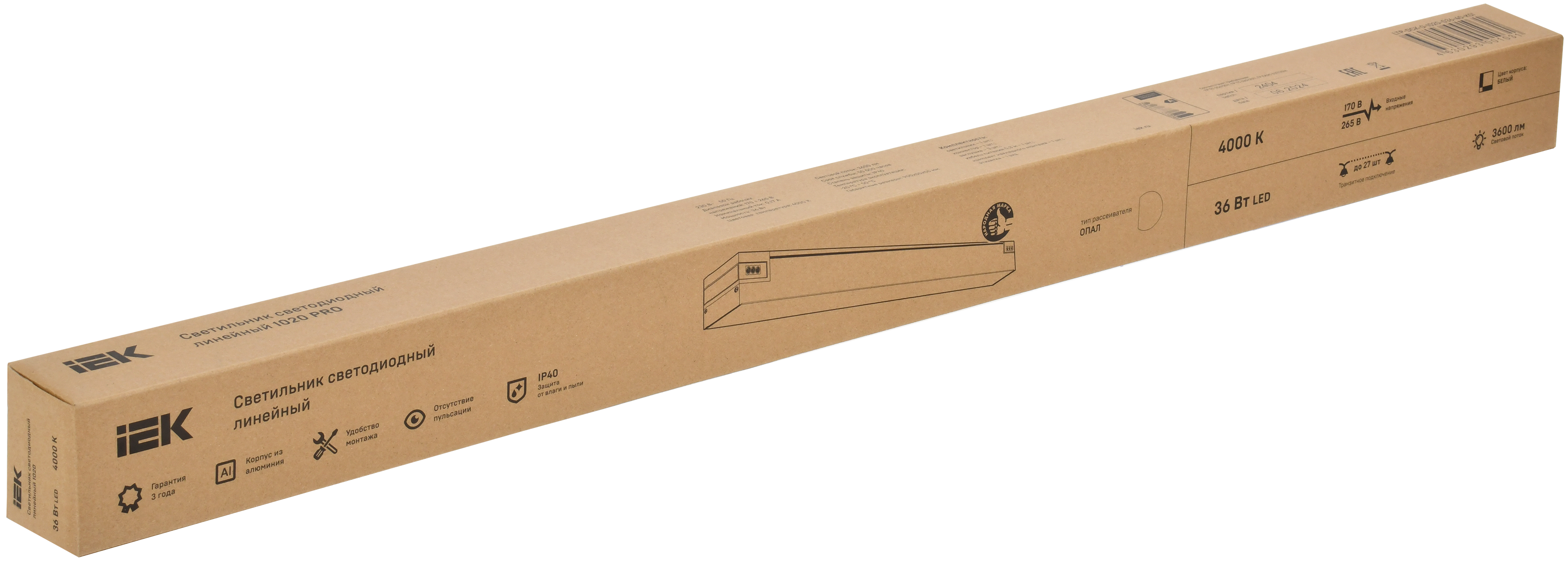PRO Светильник светодиодный линейный 1020 36Вт 4000К 900мм опал белый IEK