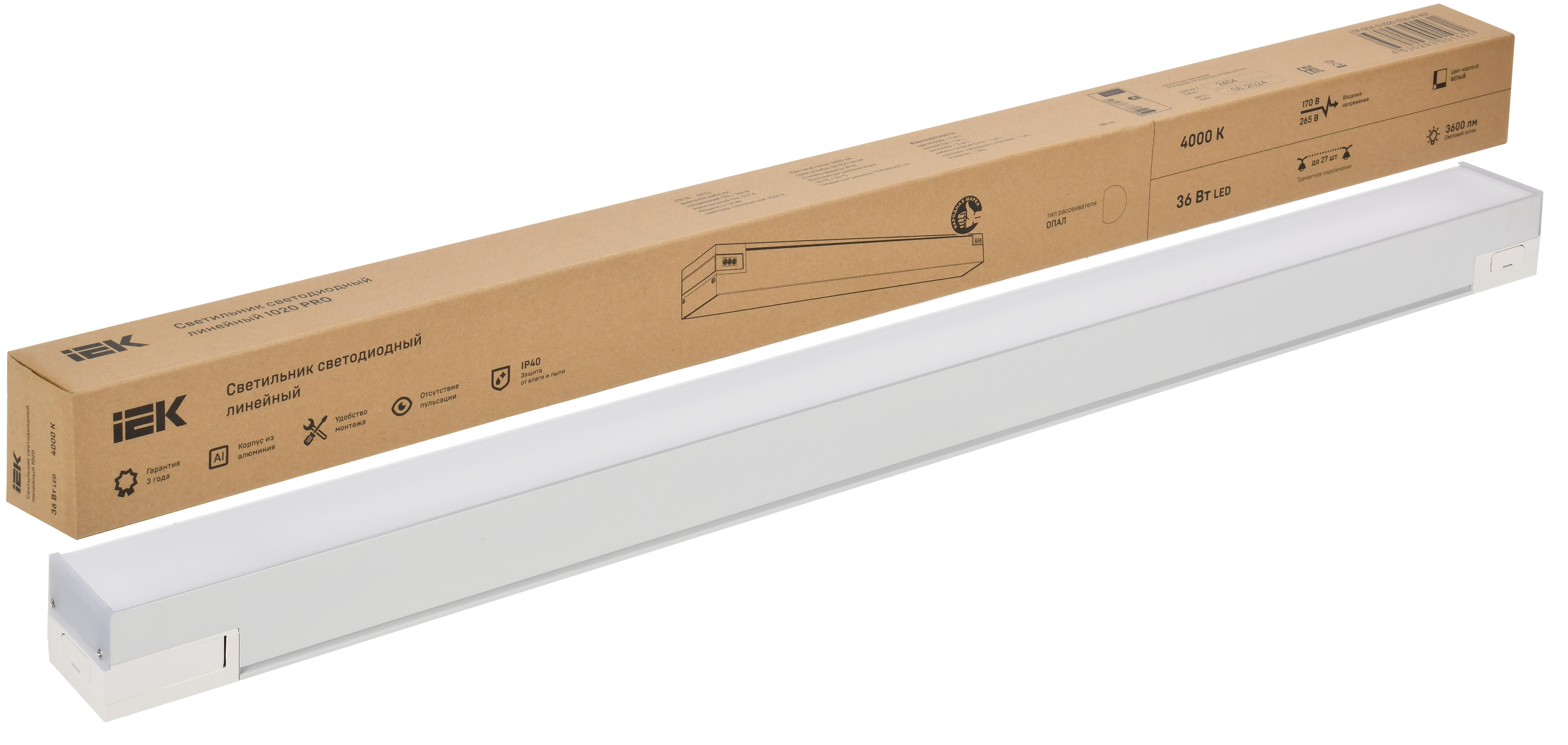 PRO Светильник светодиодный линейный 1020 36Вт 4000К 900мм опал белый IEK