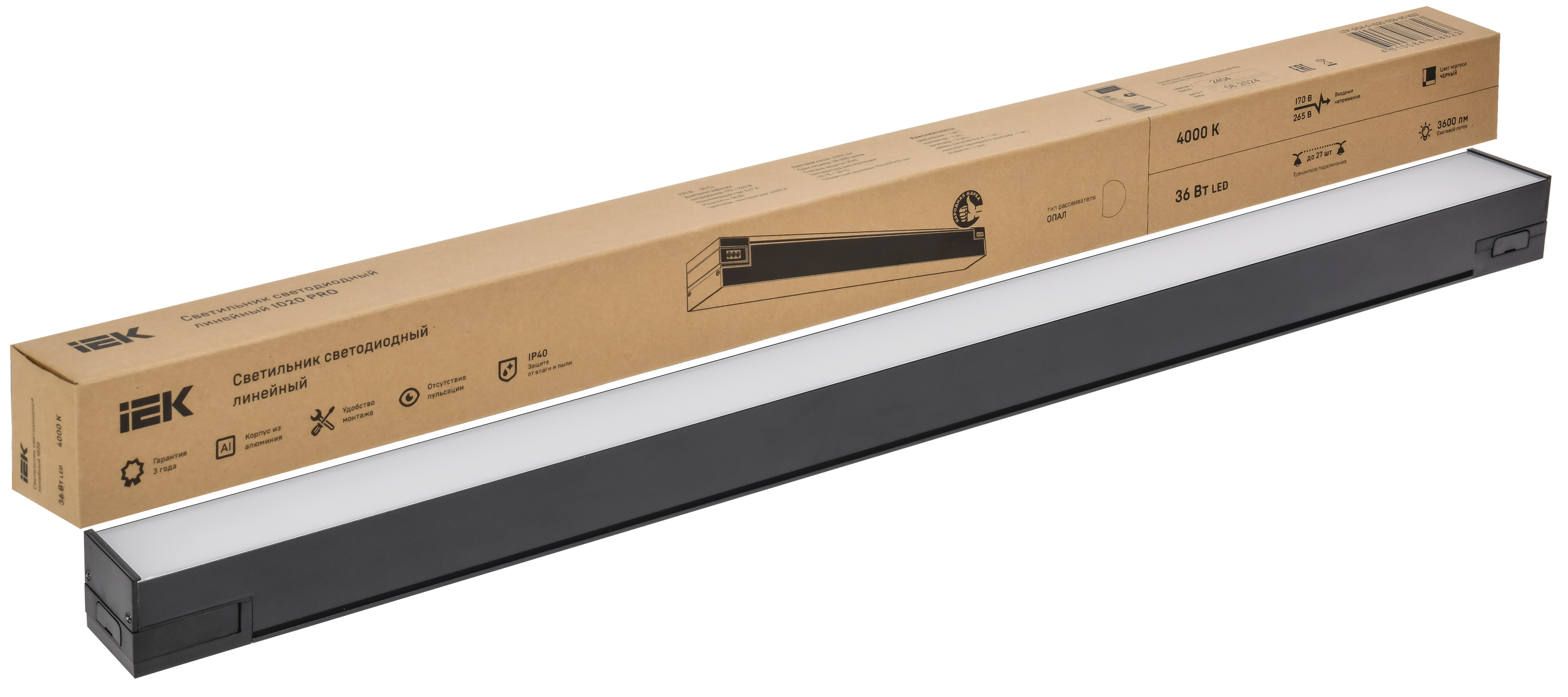 PRO Светильник светодиодный линейный 1020 36Вт 4000К 900мм опал черный IEK