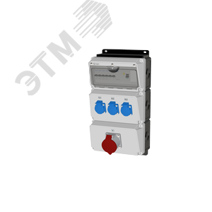 Комбинация розеток , Вход М40, клеммы, УЗО 4P/63A/30mA, 1xCEE32A5p, 3xSchuko16A, IP44.