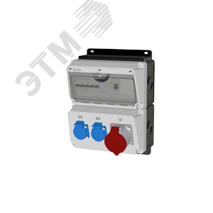 Комбинация розеток , Вход М32, клеммы, УЗО 4P/40A/30mA, 1xCEE32A5p, 2xSchuko16A, IP44.